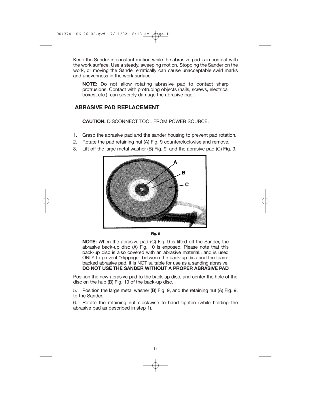 Porter-Cable 7800, 7801 instruction manual Abrasive PAD Replacement, Do not USE the Sander Without a Proper Abrasive PAD 