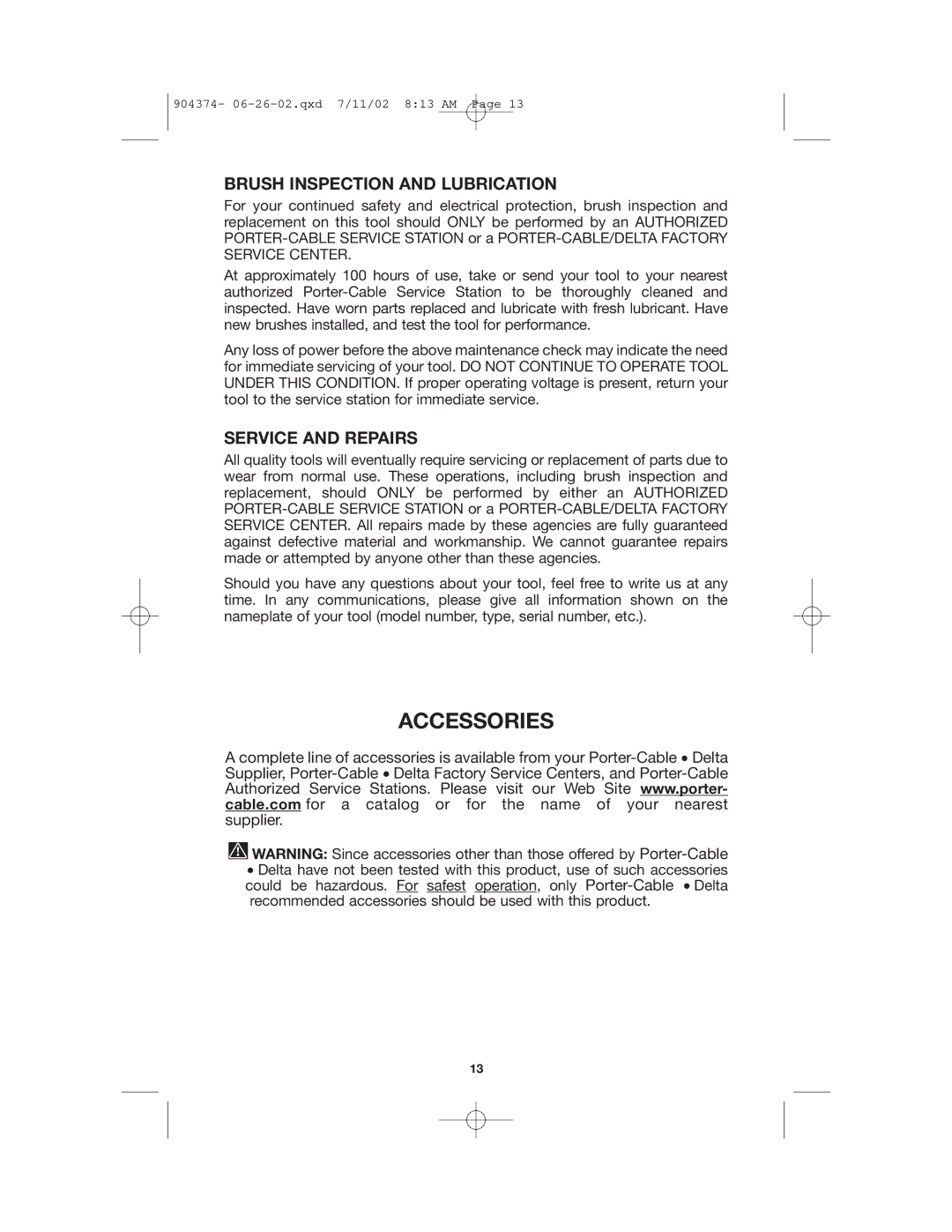 Porter-Cable 7800, 7801 instruction manual Accessories, Brush Inspection and Lubrication, Service and Repairs 