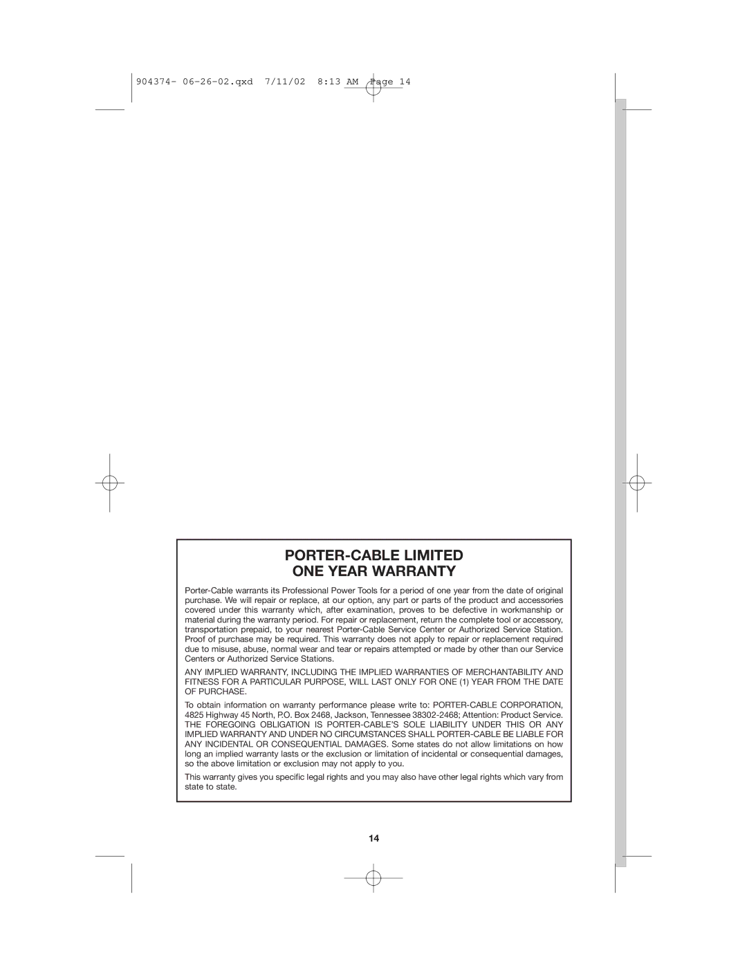 Porter-Cable 7801, 7800 instruction manual PORTER-CABLE Limited ONE Year Warranty 