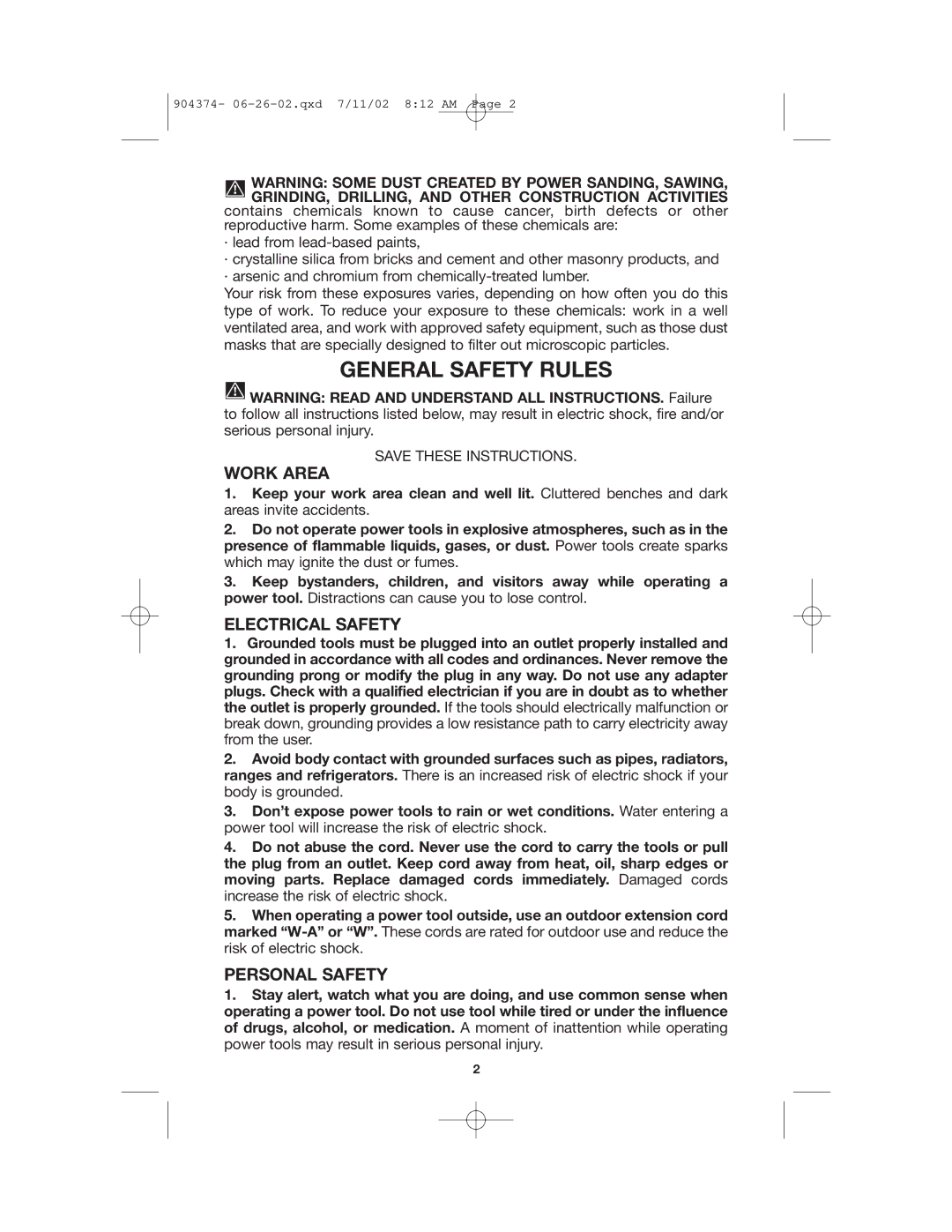 Porter-Cable 7801, 7800 instruction manual General Safety Rules, Work Area, Electrical Safety, Personal Safety 