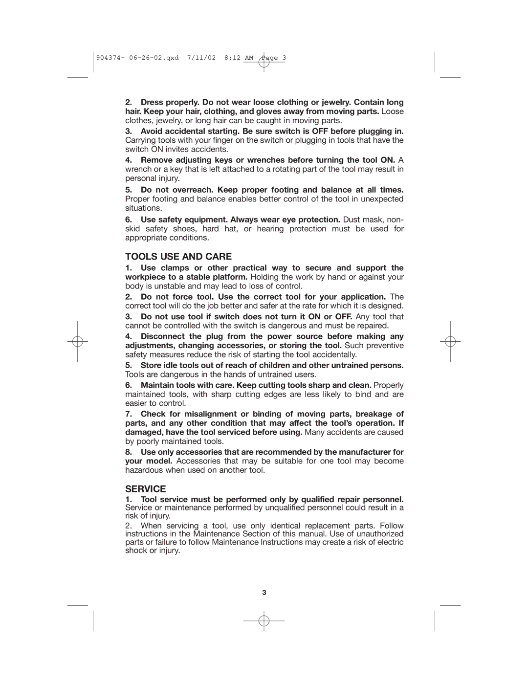 Porter-Cable 7800, 7801 instruction manual Tools USE and Care, Service 