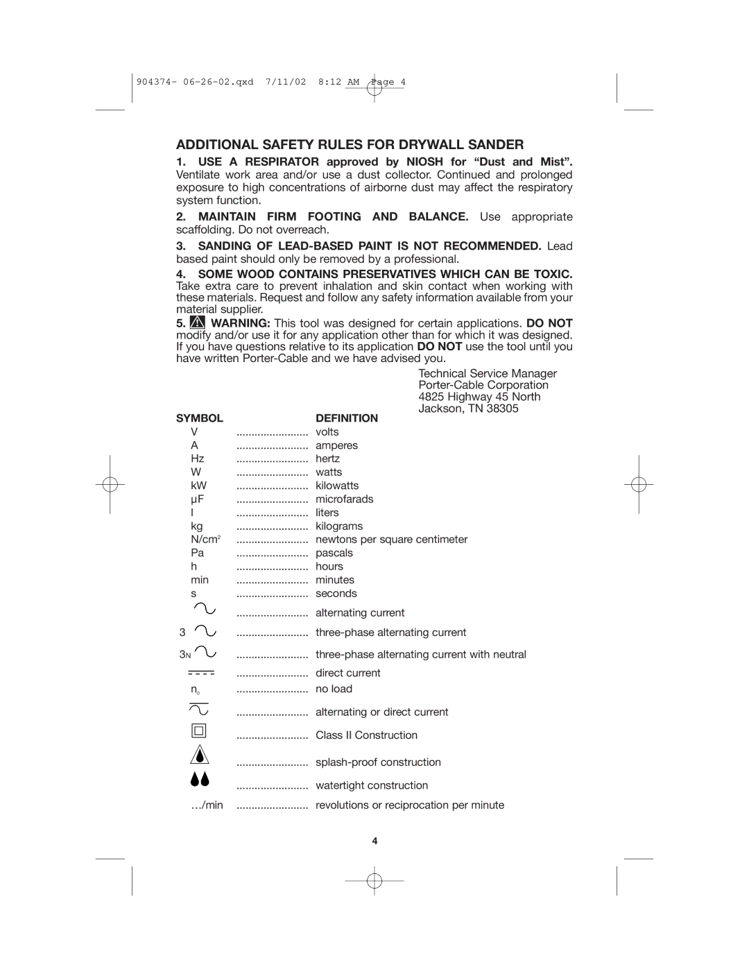 Porter-Cable 7801, 7800 instruction manual Additional Safety Rules for Drywall Sander, Jackson, TN 