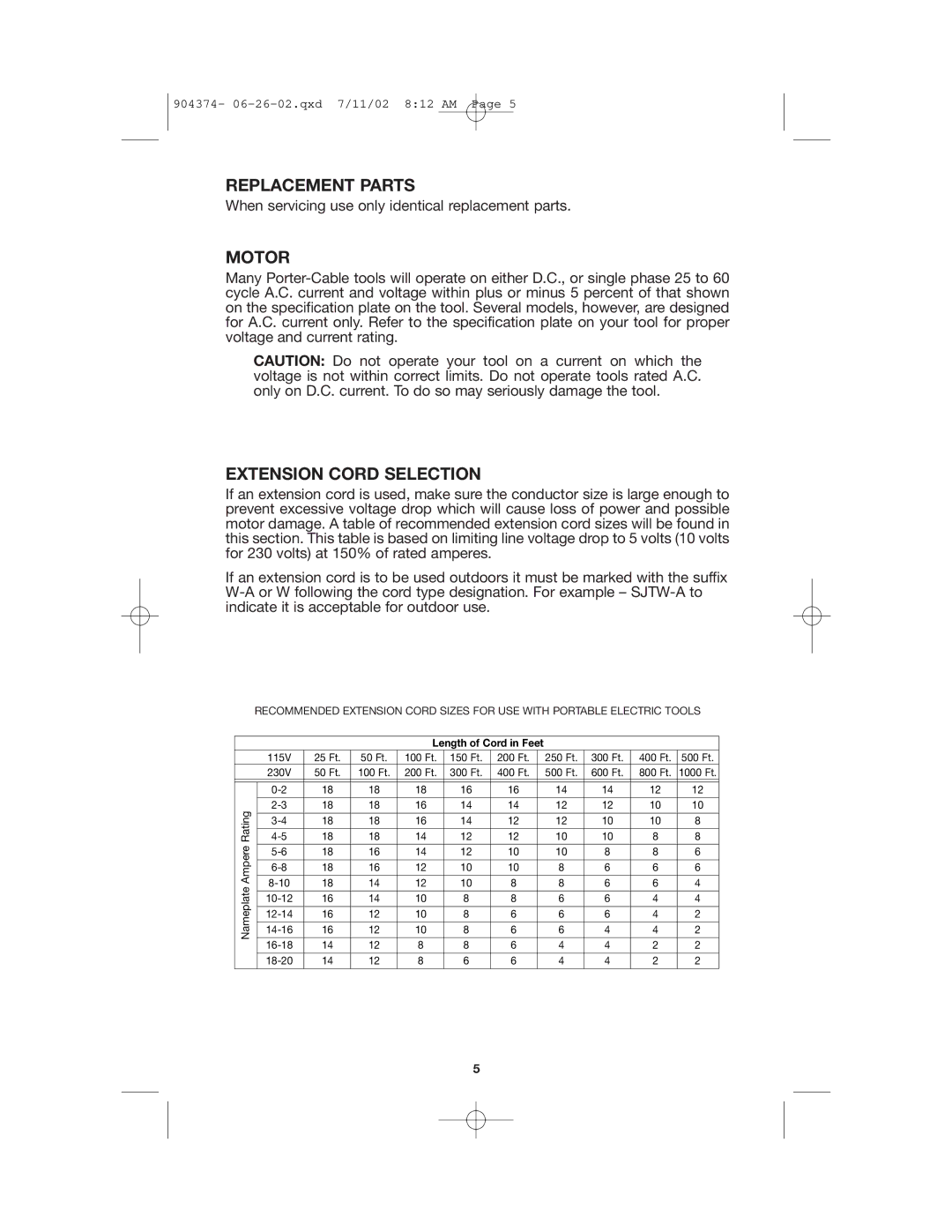 Porter-Cable 7800, 7801 instruction manual Replacement Parts, Motor, Extension Cord Selection 