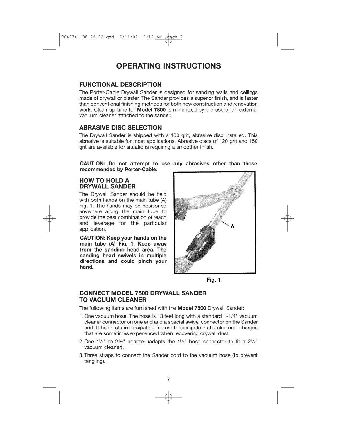 Porter-Cable 7800 Operating Instructions, Functional Description, Abrasive Disc Selection, HOW to Hold a Drywall Sander 