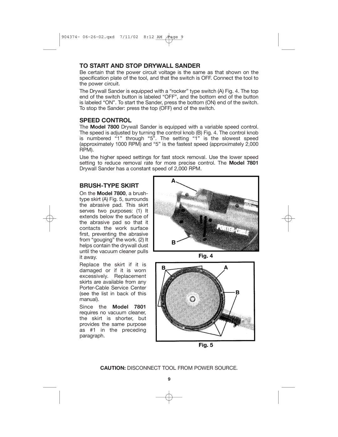 Porter-Cable 7800, 7801 instruction manual To Start and Stop Drywall Sander, Speed Control, BRUSH-TYPE Skirt 