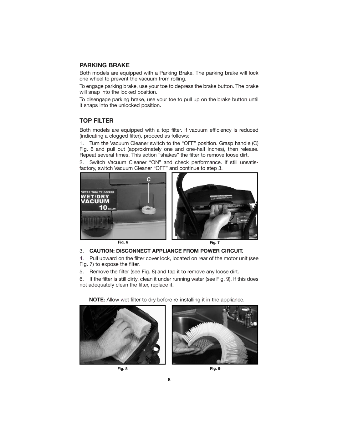 Porter-Cable 7812 instruction manual Parking Brake, TOP Filter 