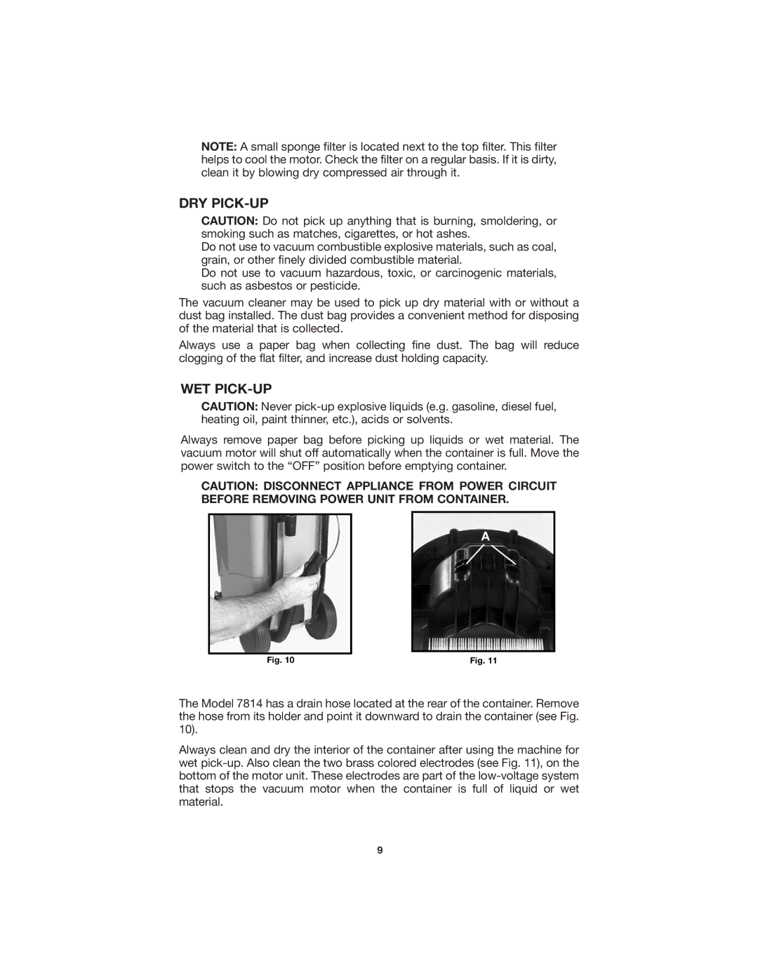 Porter-Cable 7812 instruction manual Dry Pick-Up, Wet Pick-Up 