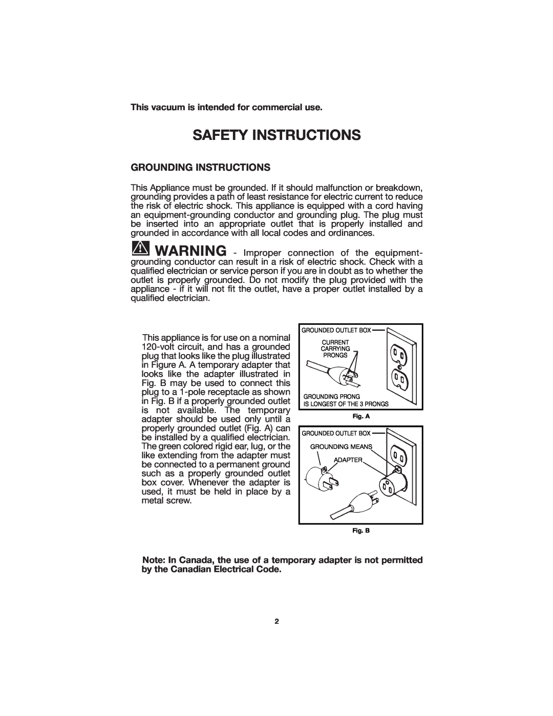 Porter-Cable 7812 Grounding Instructions, This vacuum is intended for commercial use, Safety Instructions 