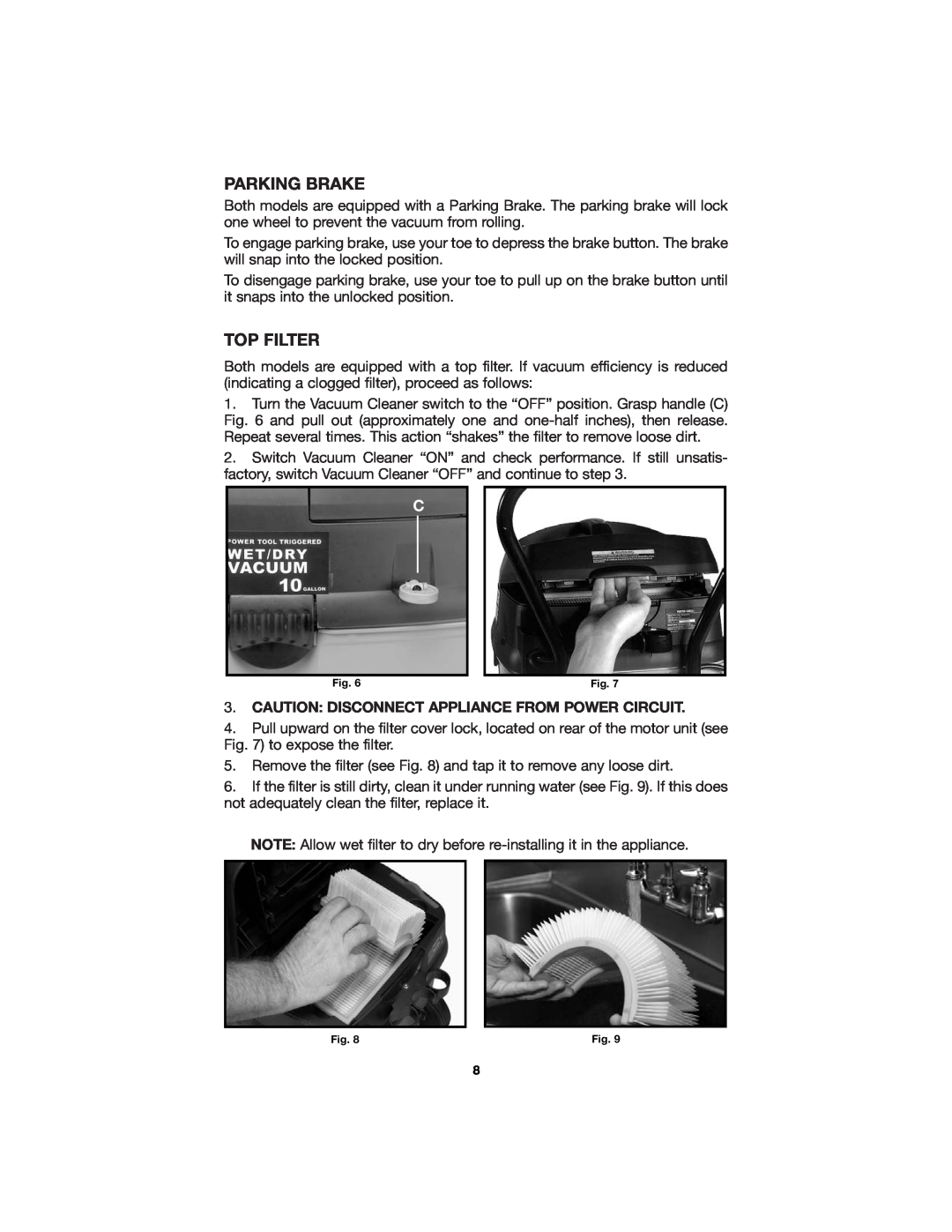 Porter-Cable 7812 instruction manual Parking Brake, Top Filter 