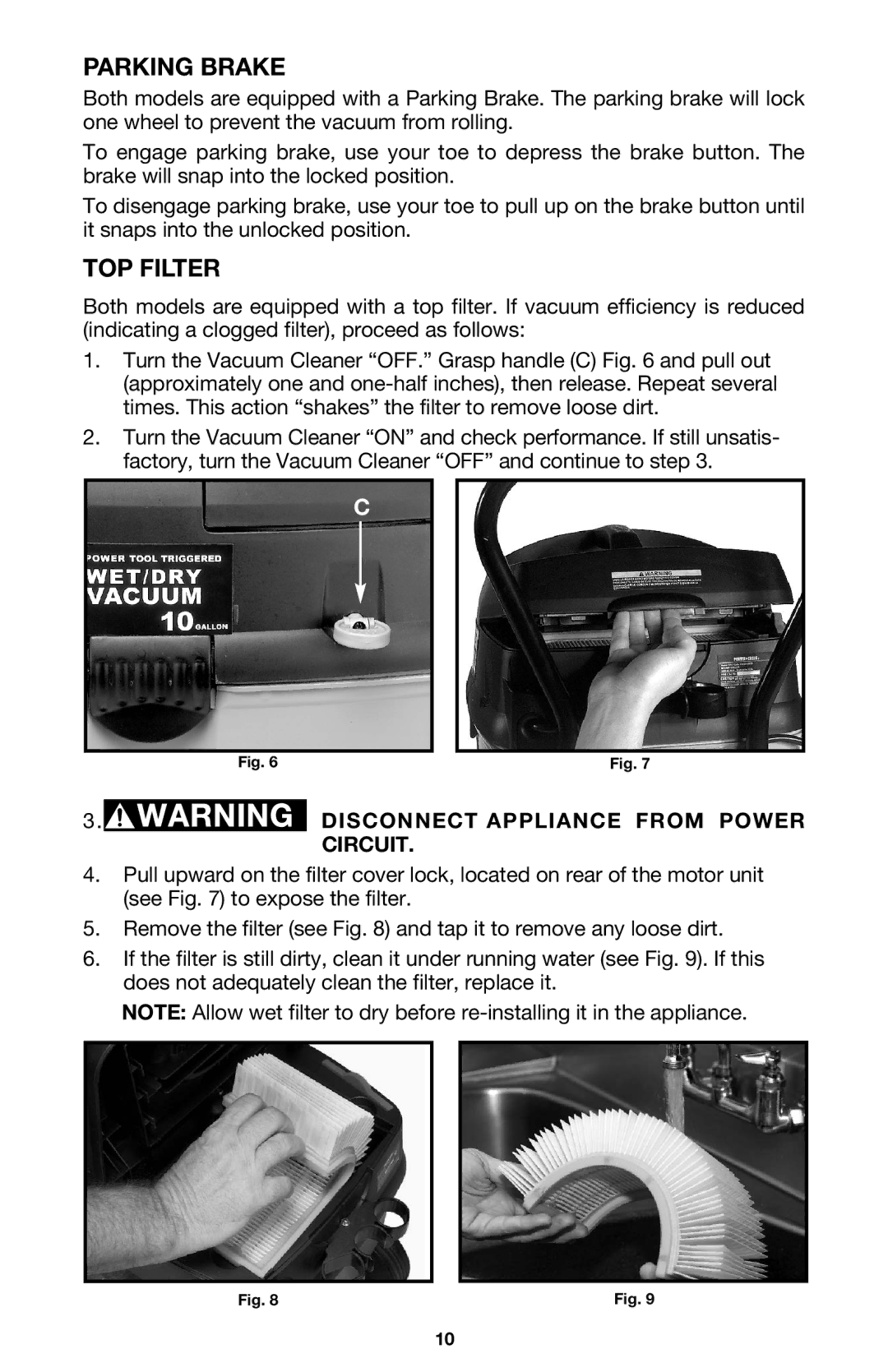 Porter-Cable 7814 instruction manual Parking Brake, TOP Filter 