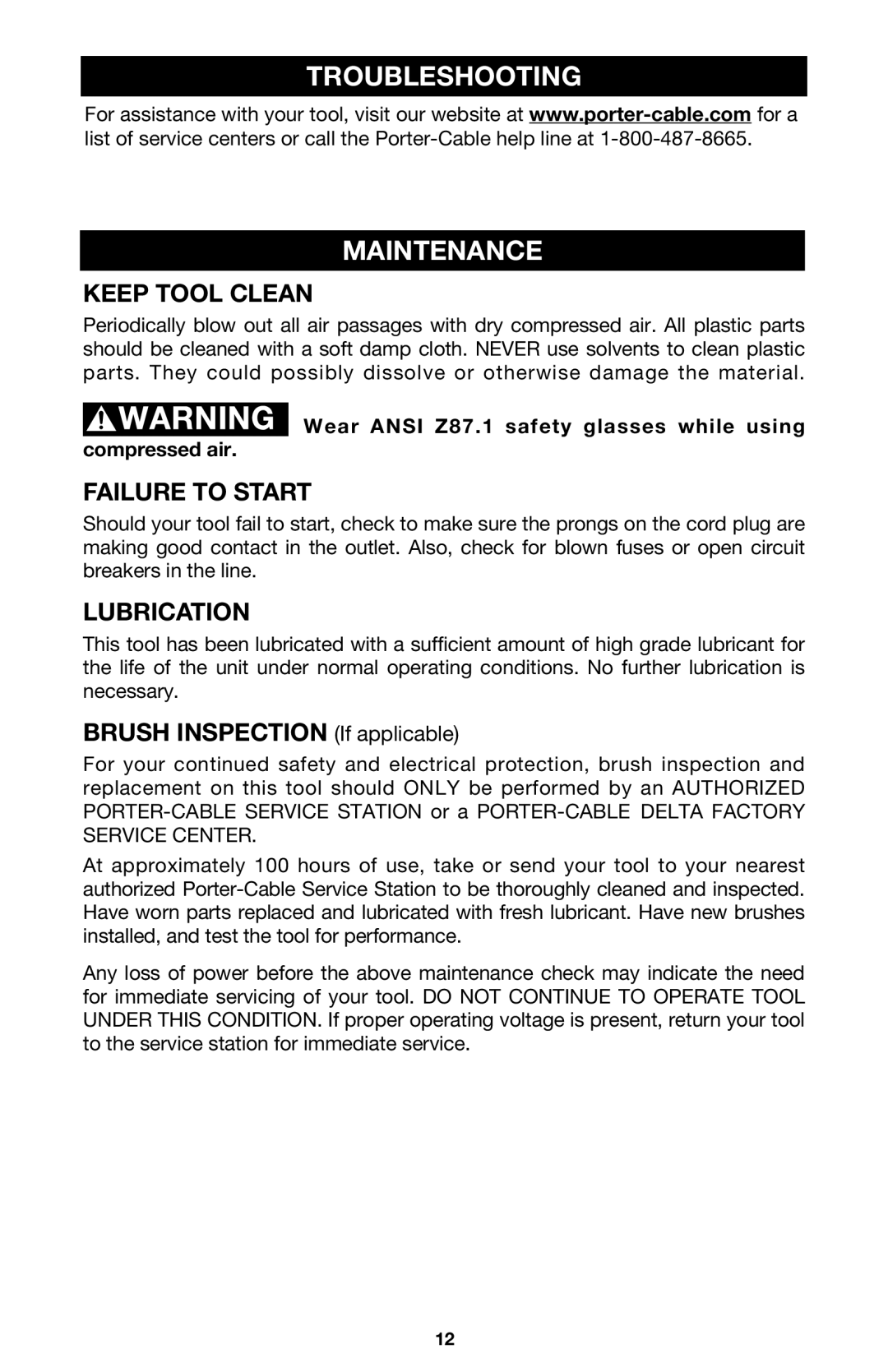 Porter-Cable 7814 instruction manual Troubleshooting Maintenance, Keep Tool Clean, Failure to Start, Lubrication 