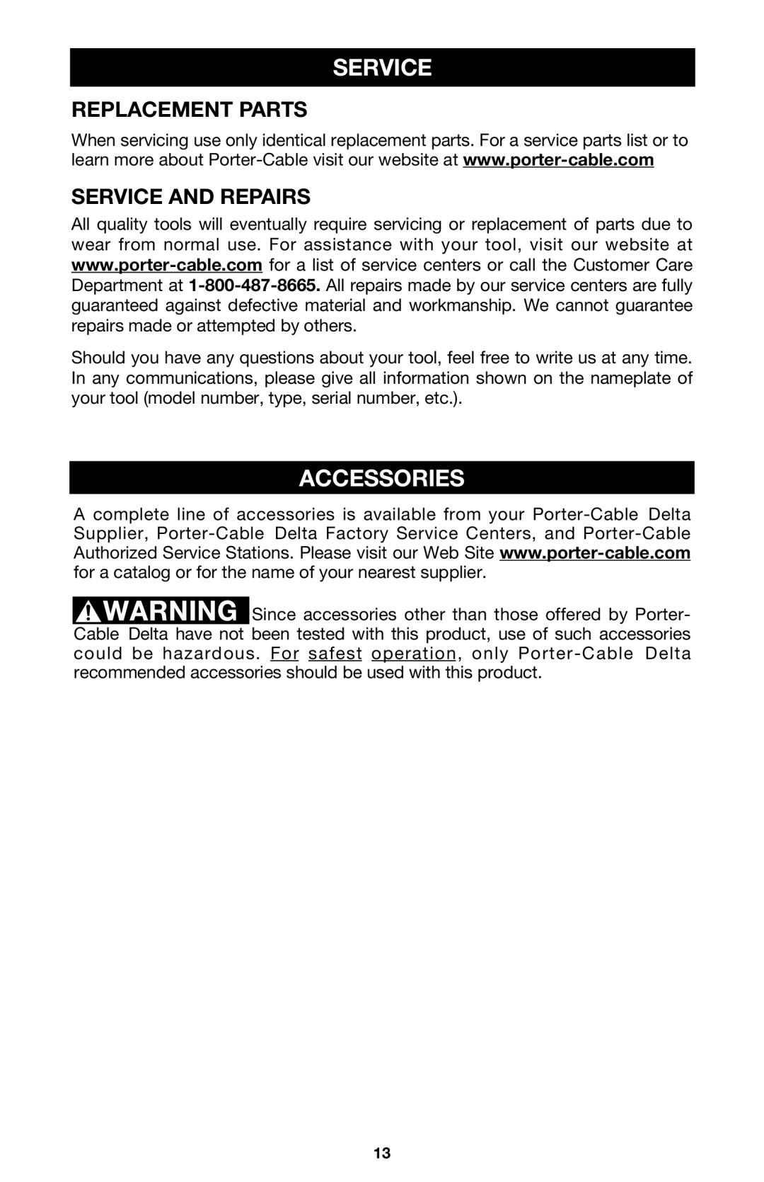 Porter-Cable 7814 instruction manual Accessories, Replacement Parts Service and Repairs 