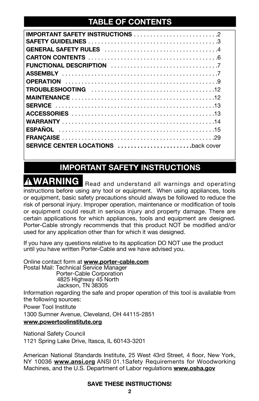 Porter-Cable 7814 instruction manual Table of Contents, Important Safety Instructions 