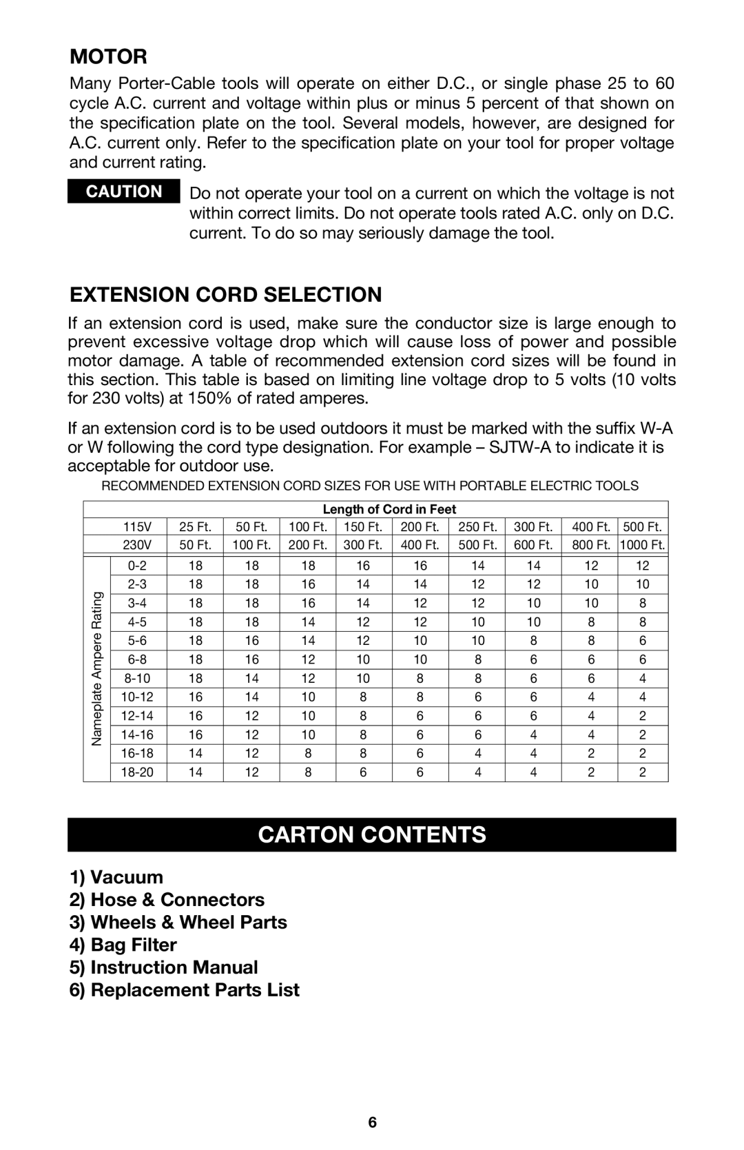 Porter-Cable 7814 instruction manual Carton Contents, Motor, Extension Cord Selection 