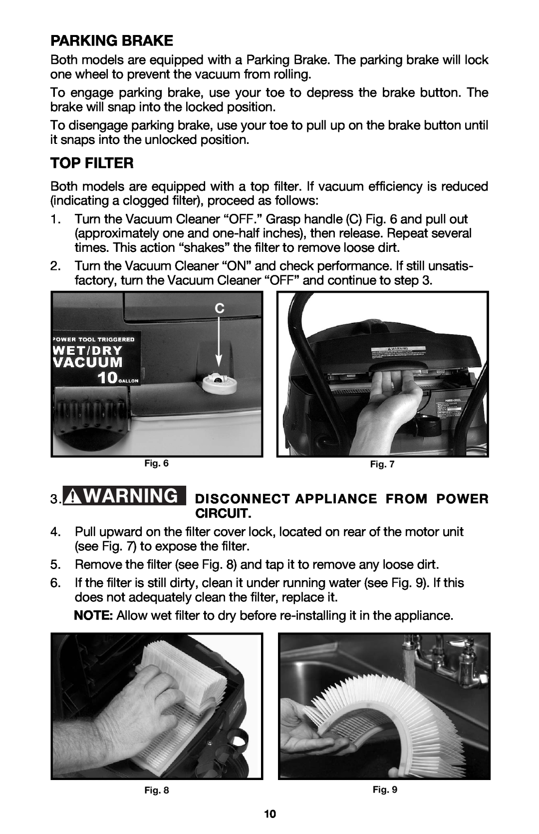 Porter-Cable 7814 instruction manual Parking Brake, Top Filter, Disconnect Appliance From Power, Circuit 
