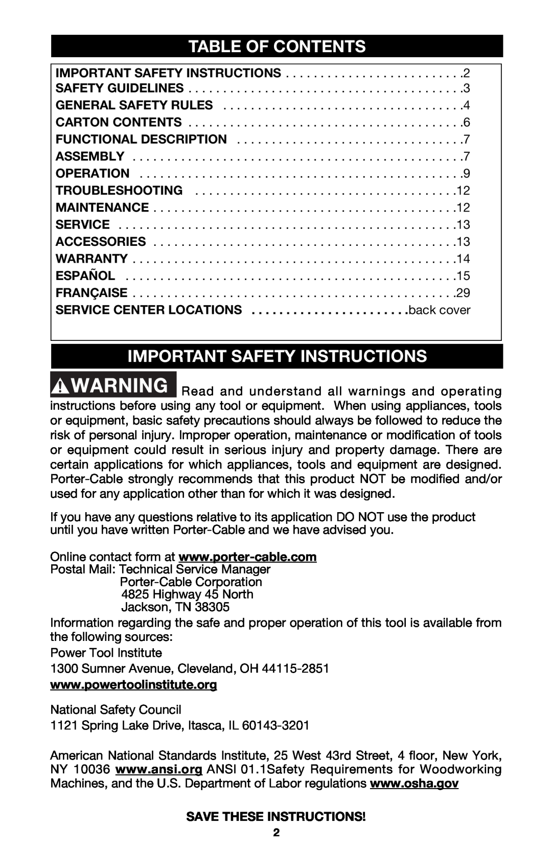 Porter-Cable 7814 instruction manual Table Of Contents, Important Safety Instructions 