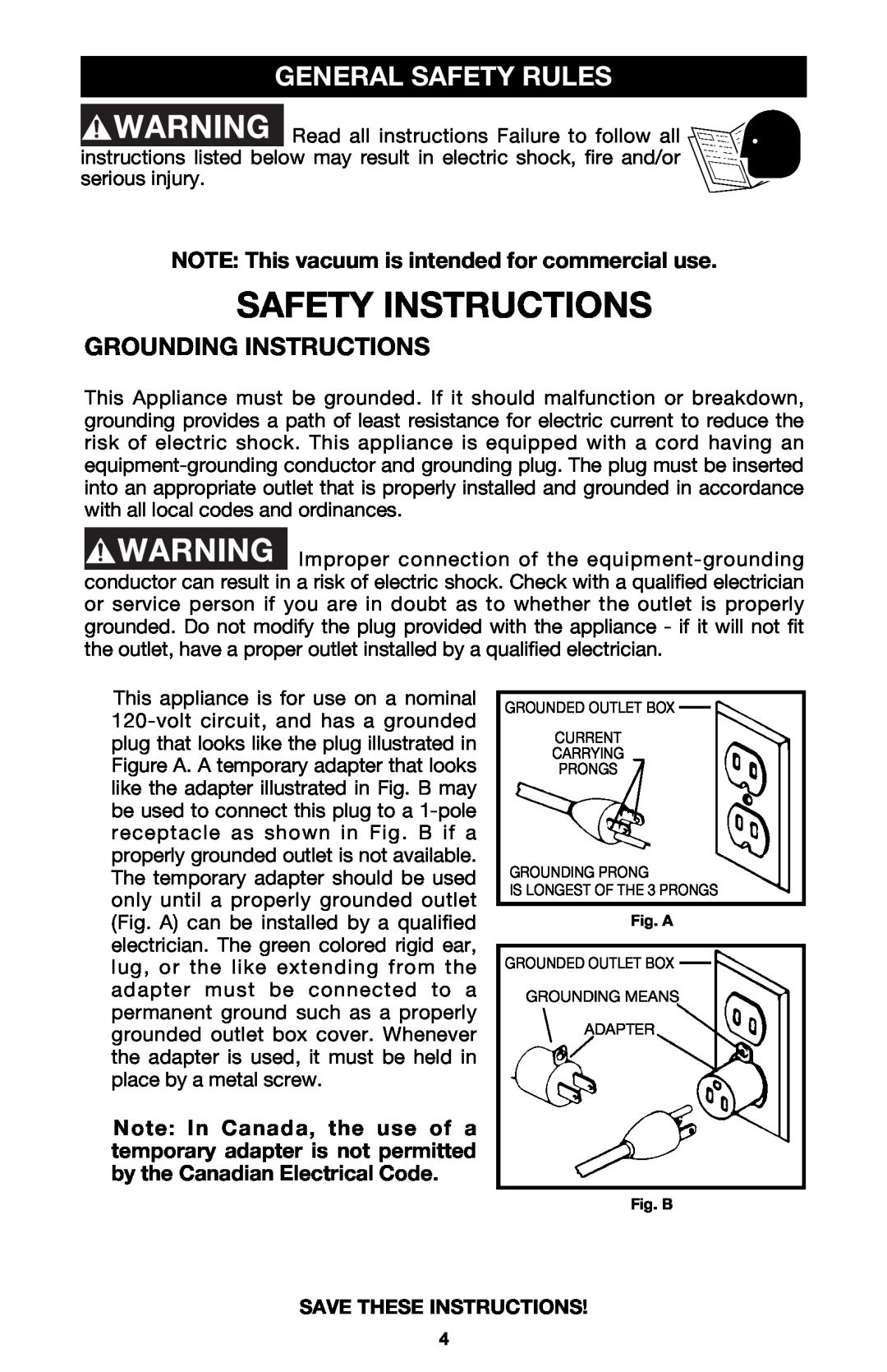 Porter-Cable 7814 General Safety Rules, Grounding Instructions, NOTE This vacuum is intended for commercial use 