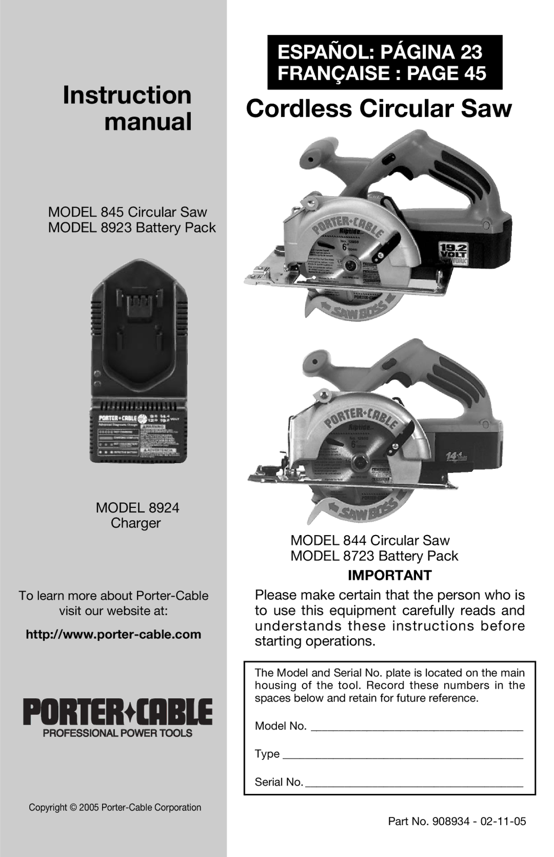 Porter-Cable 844 instruction manual Cordless Circular Saw 