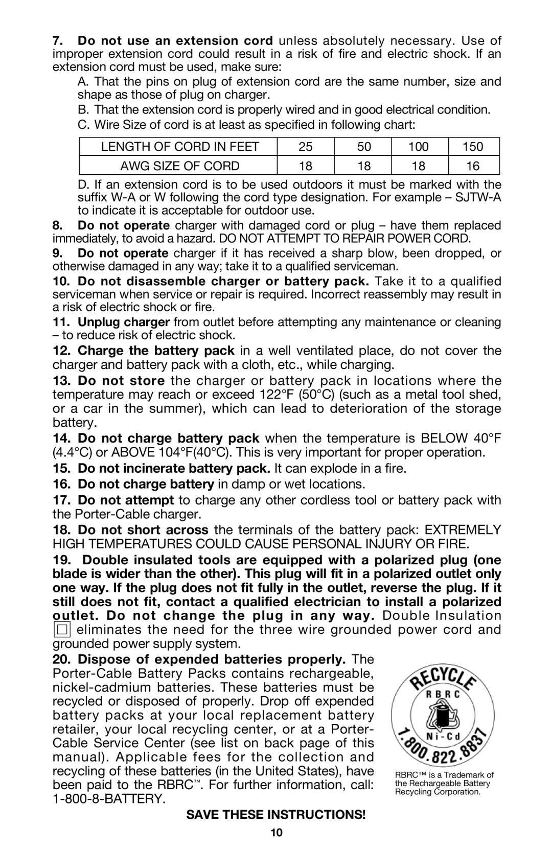 Porter-Cable 844 instruction manual Do not charge battery in damp or wet locations 