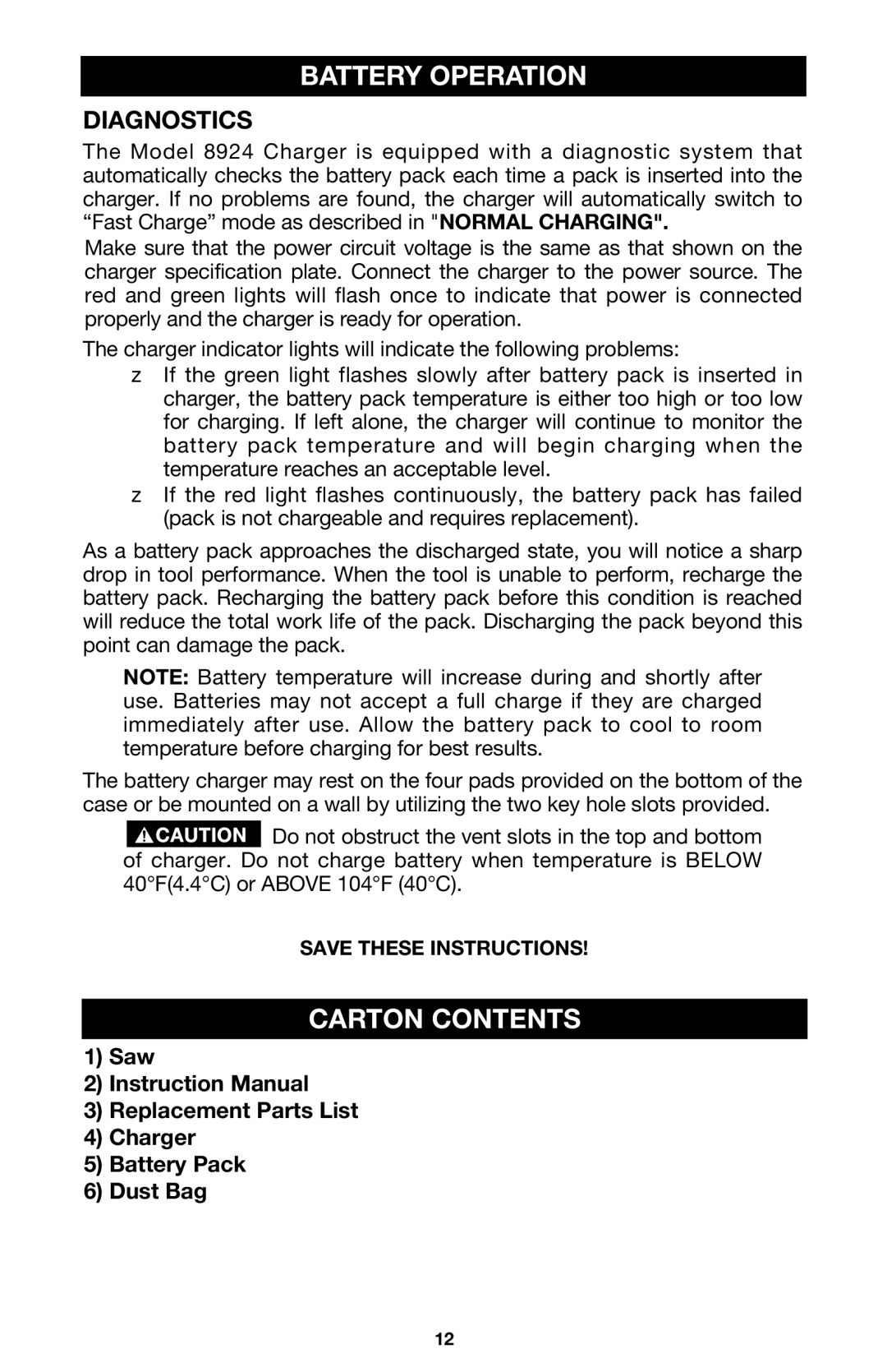 Porter-Cable 844 instruction manual Battery Operation, Carton Contents, Diagnostics 