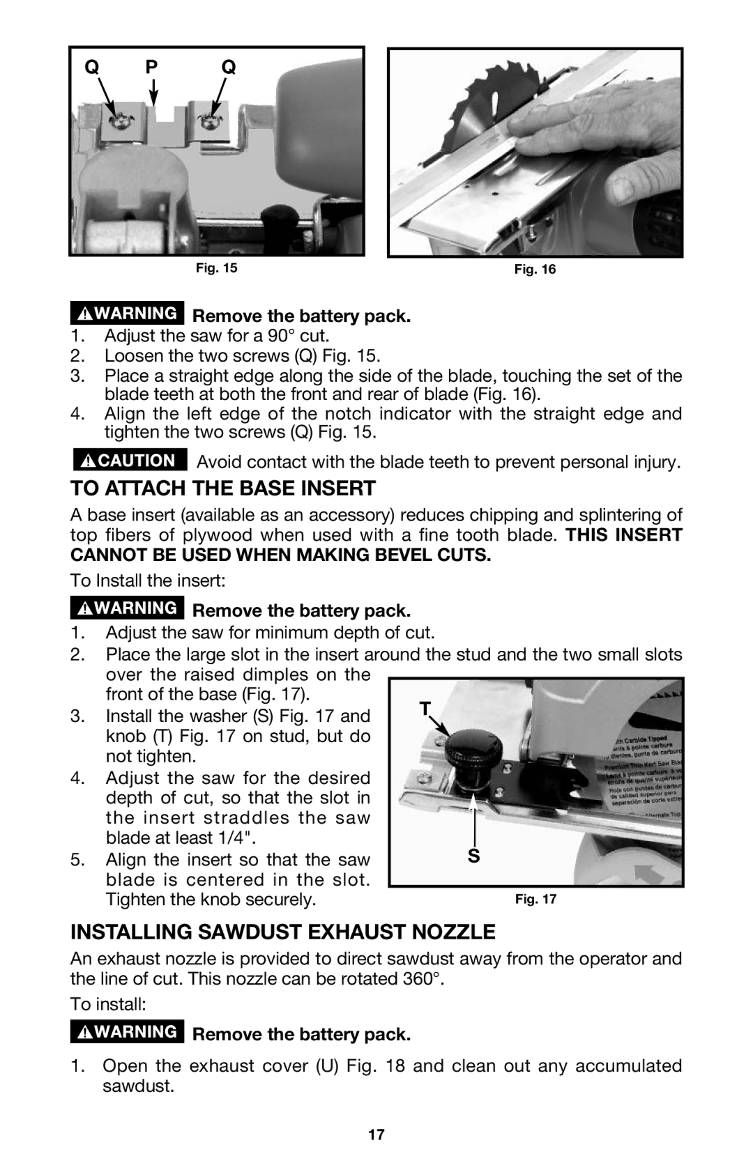 Porter-Cable 844 instruction manual To Attach the Base Insert, Installing Sawdust Exhaust Nozzle 