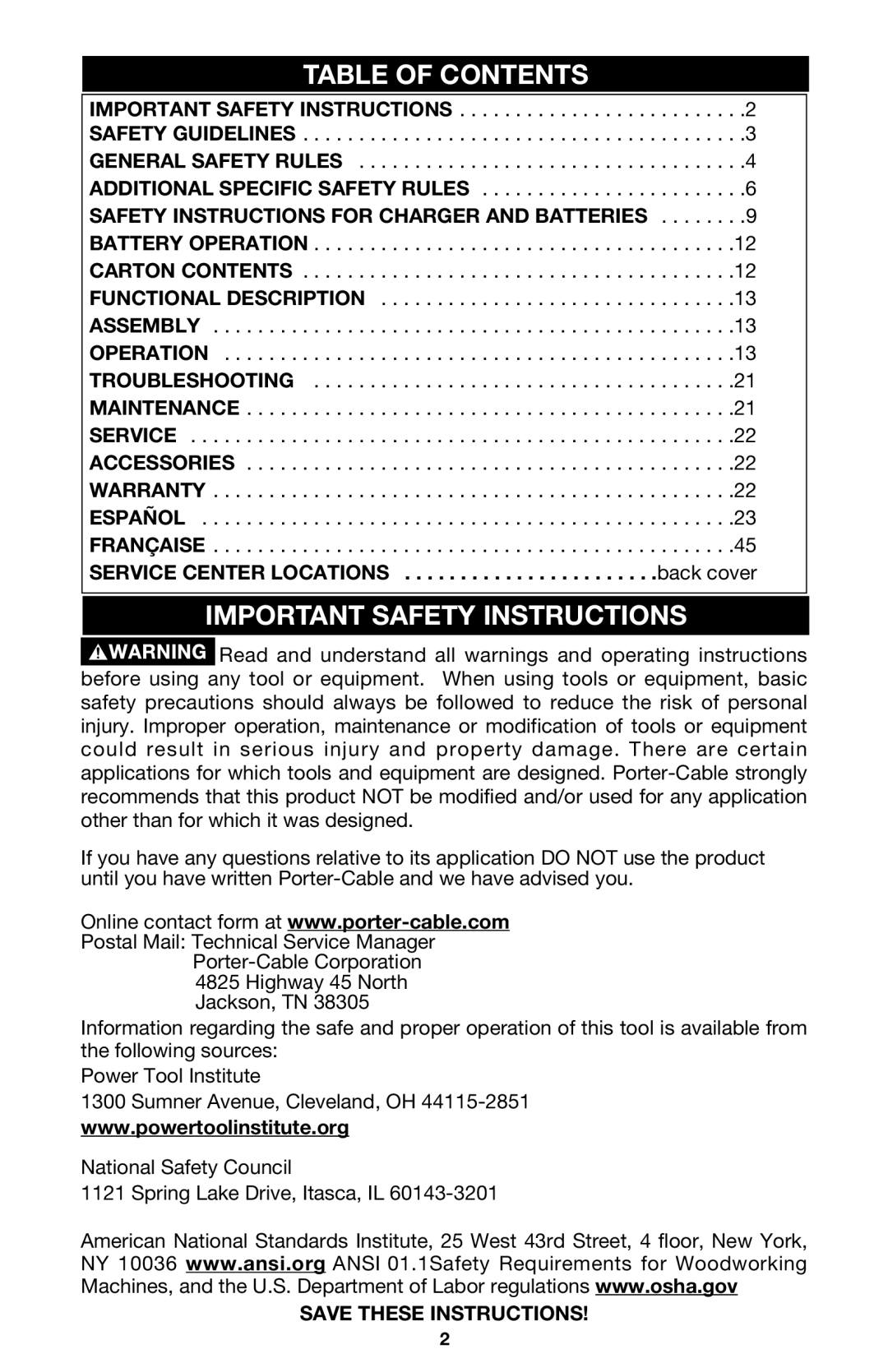 Porter-Cable 844 instruction manual Table of Contents, Important Safety Instructions 