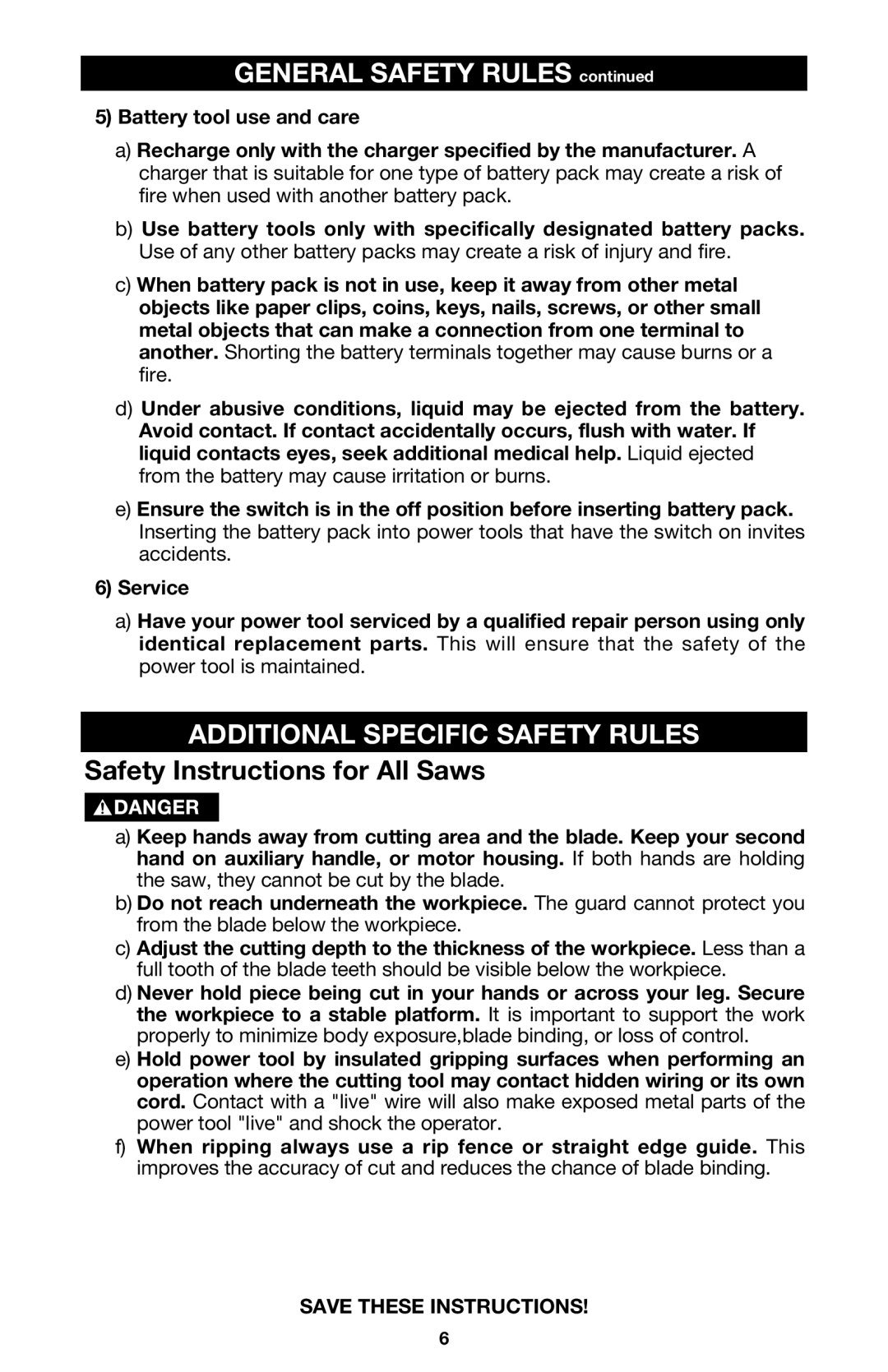 Porter-Cable 844 instruction manual Additional Specific Safety Rules, Safety Instructions for All Saws 