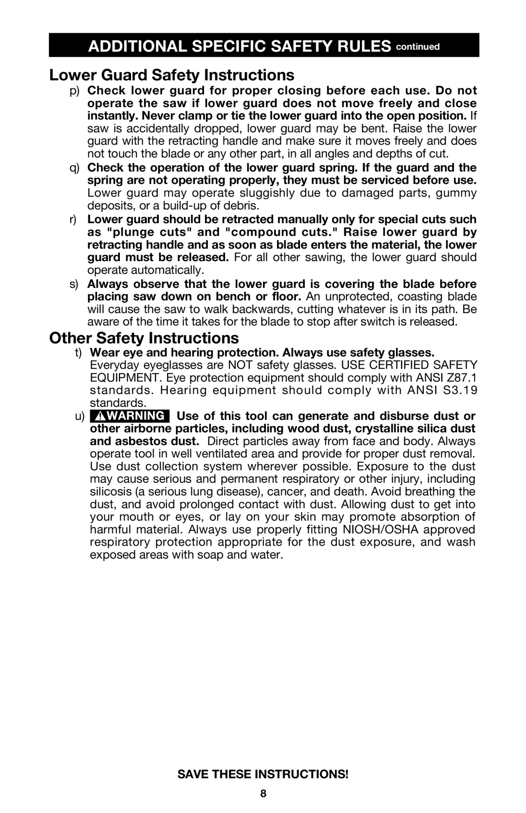 Porter-Cable 844 instruction manual Lower Guard Safety Instructions 