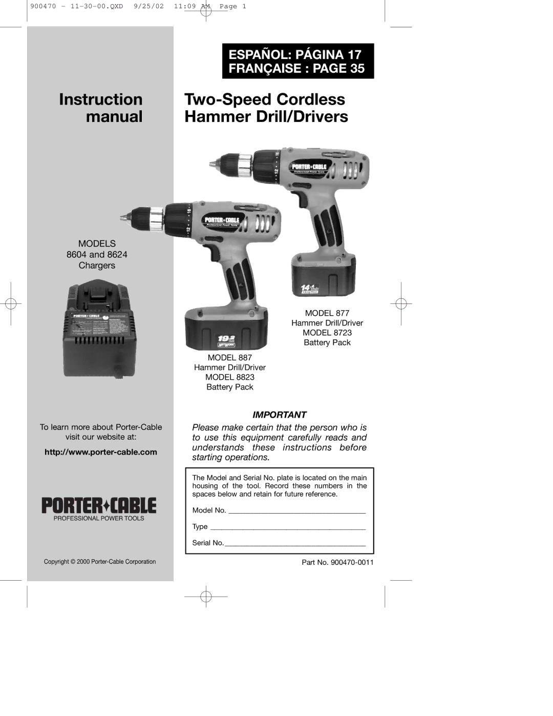 Porter-Cable 877 instruction manual Two-Speed Cordless 