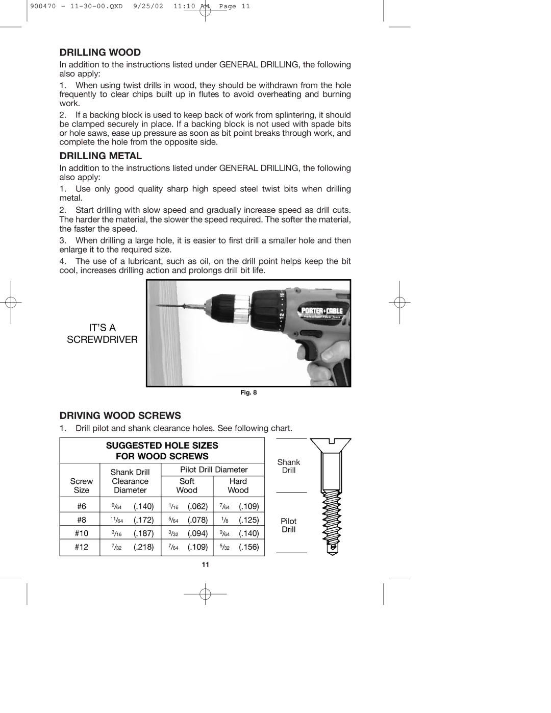 Porter-Cable 877 instruction manual Drilling Wood, Drilling Metal, Driving Wood Screws 