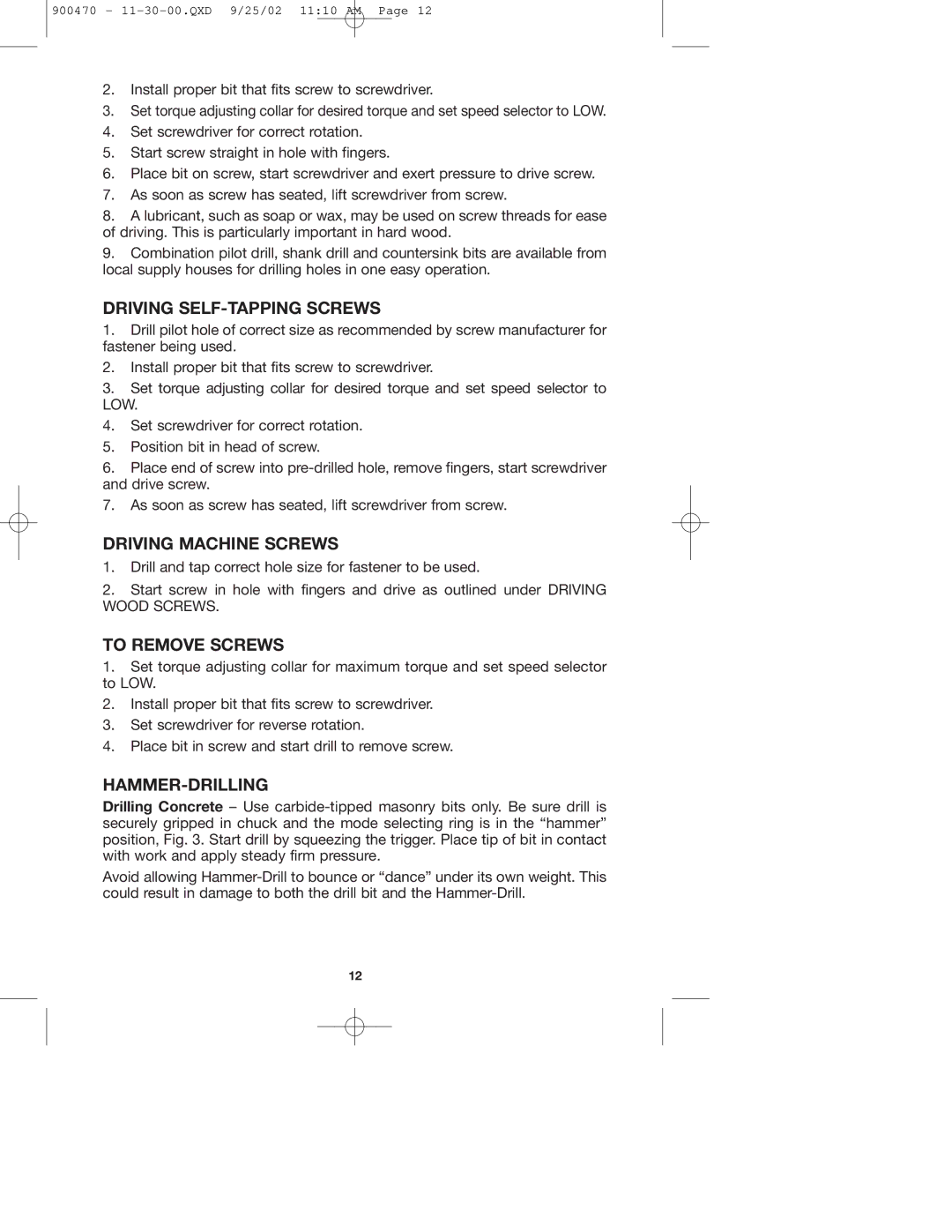 Porter-Cable 877 instruction manual Driving SELF-TAPPING Screws, Driving Machine Screws, To Remove Screws, Hammer-Drilling 