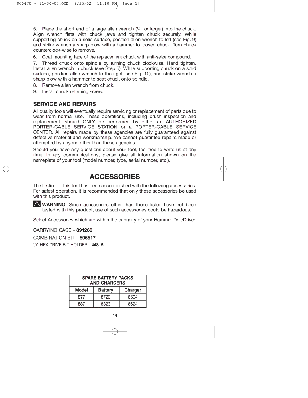 Porter-Cable 877 instruction manual Accessories, Service and Repairs 