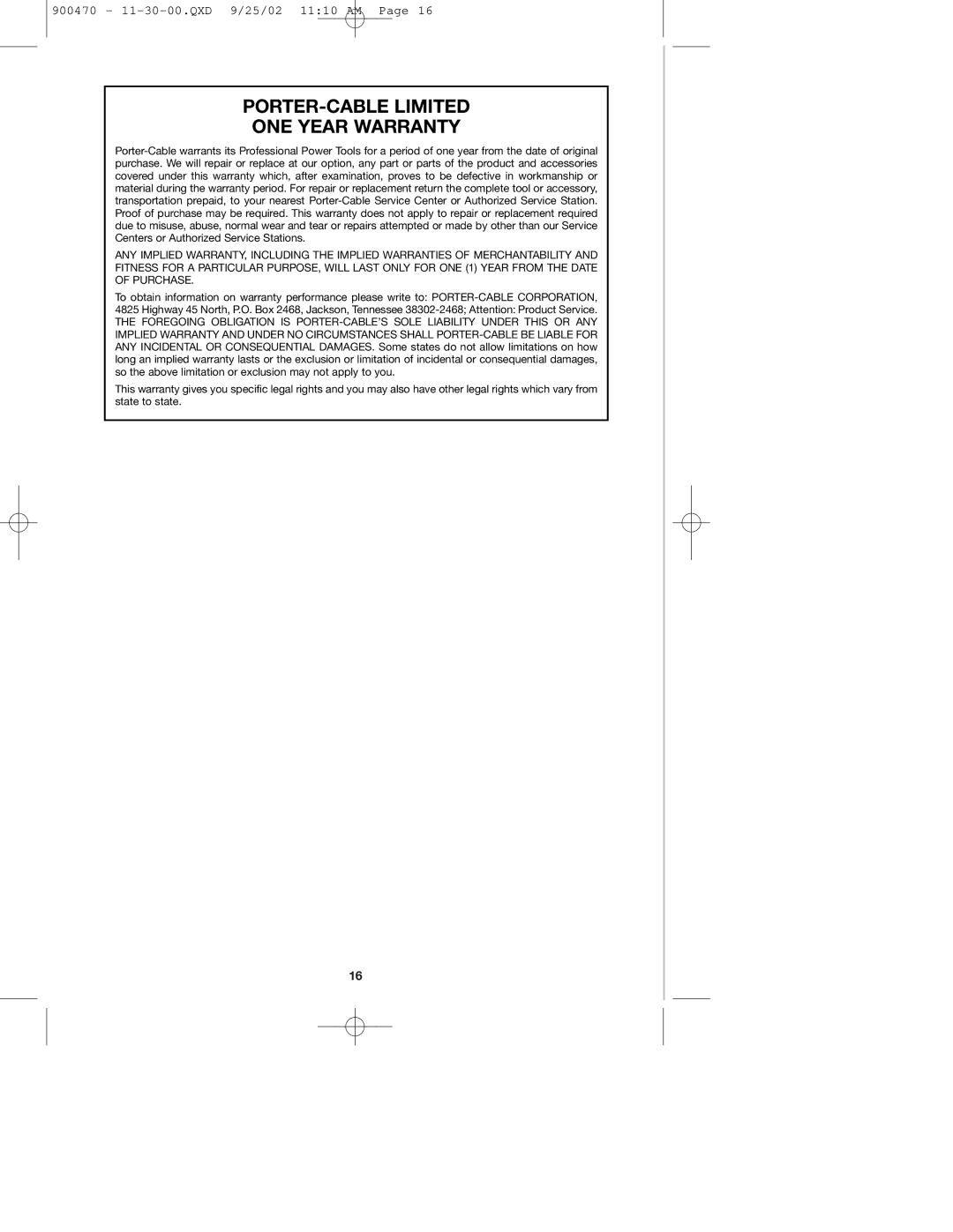 Porter-Cable 877 instruction manual PORTER-CABLE Limited ONE Year Warranty 