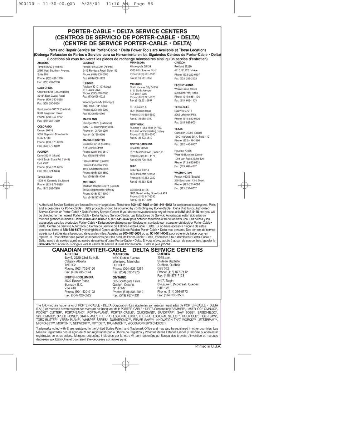 Porter-Cable 877 instruction manual Canadian PORTER-CABLE Delta Service Centers 