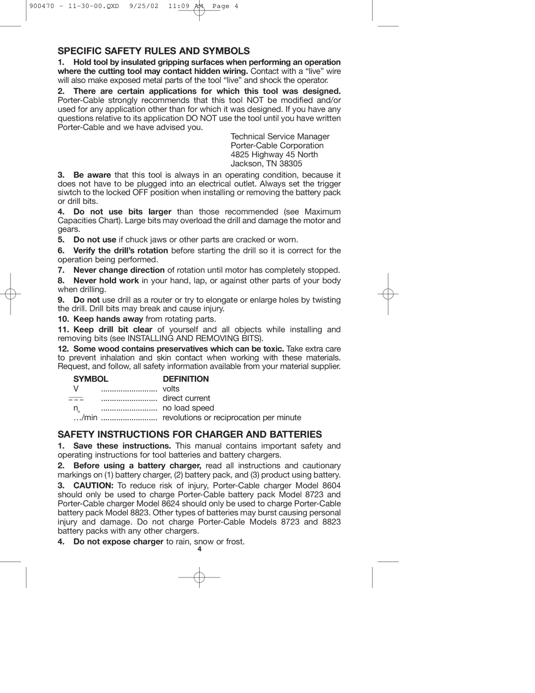 Porter-Cable 877 instruction manual Specific Safety Rules and Symbols, Safety Instructions for Charger and Batteries 