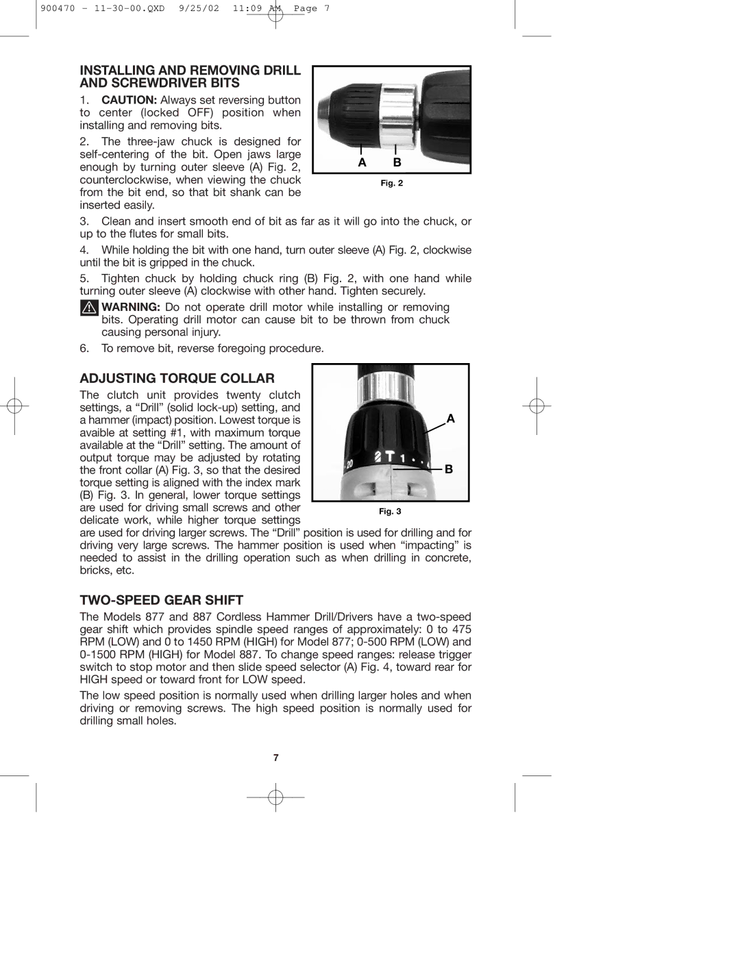 Porter-Cable 877 Installing and Removing Drill and Screwdriver Bits, Adjusting Torque Collar, TWO-SPEED Gear Shift 