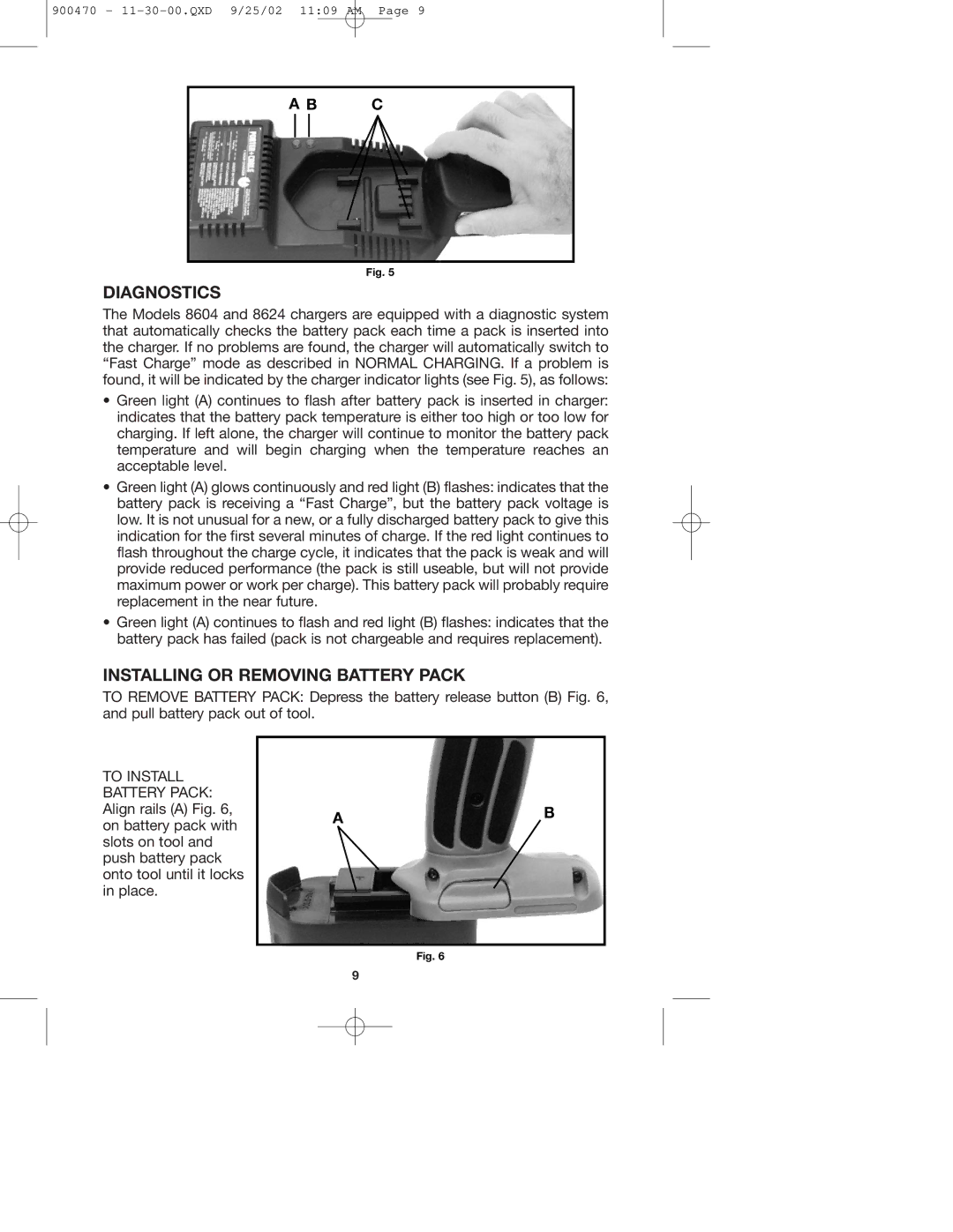 Porter-Cable 877 instruction manual Diagnostics, Installing or Removing Battery Pack 