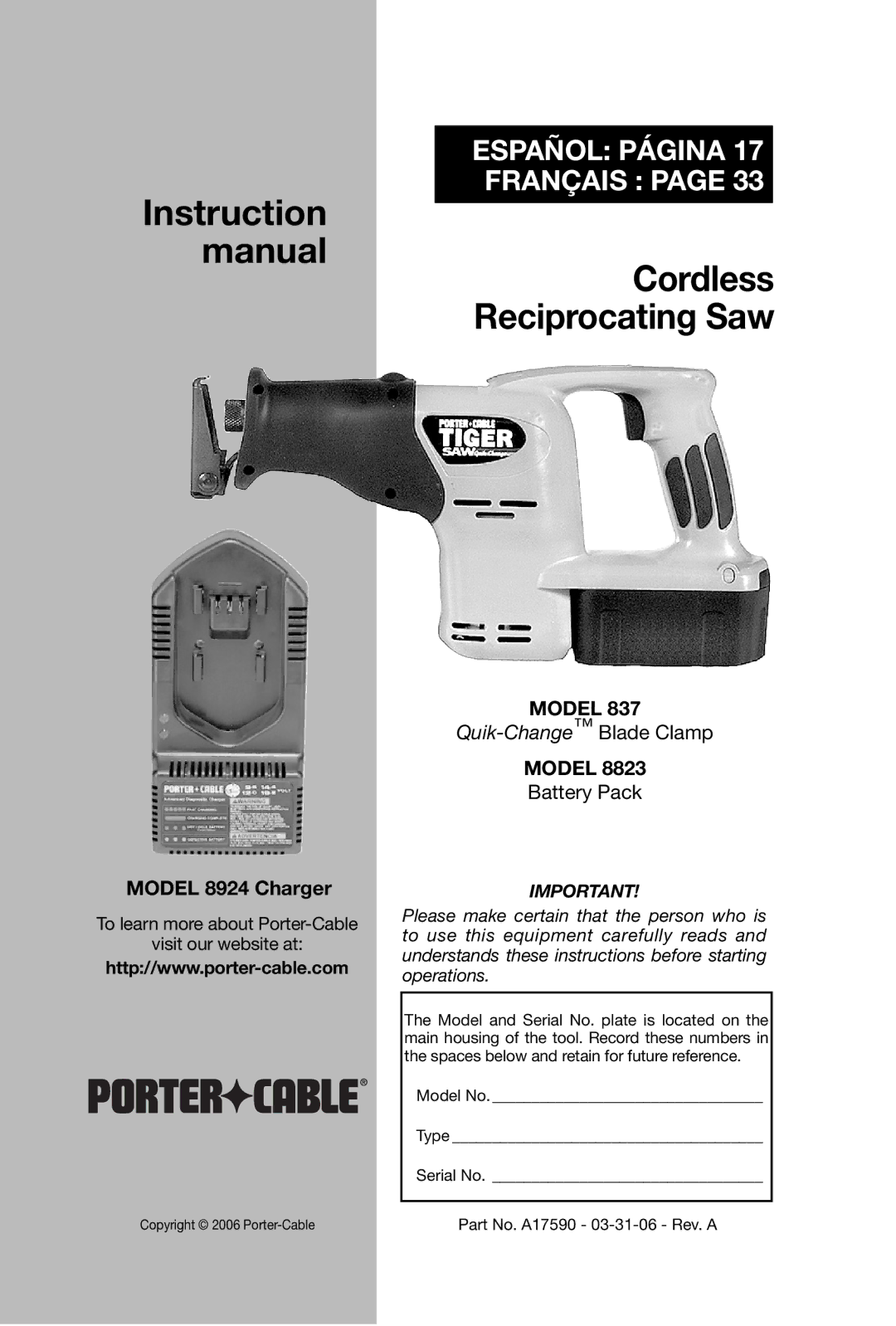 Porter-Cable 837, 8823 instruction manual Instruction Manual Cordless Reciprocating Saw 