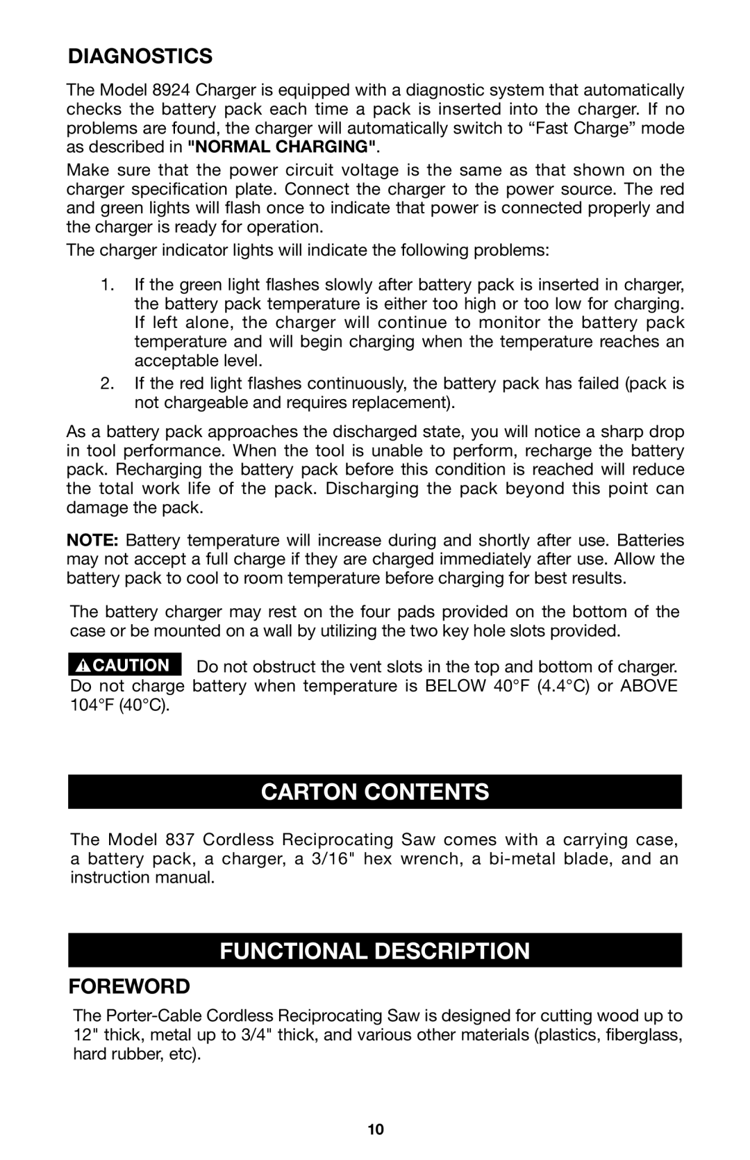 Porter-Cable 8823, 837 instruction manual Carton Contents Functional Description 