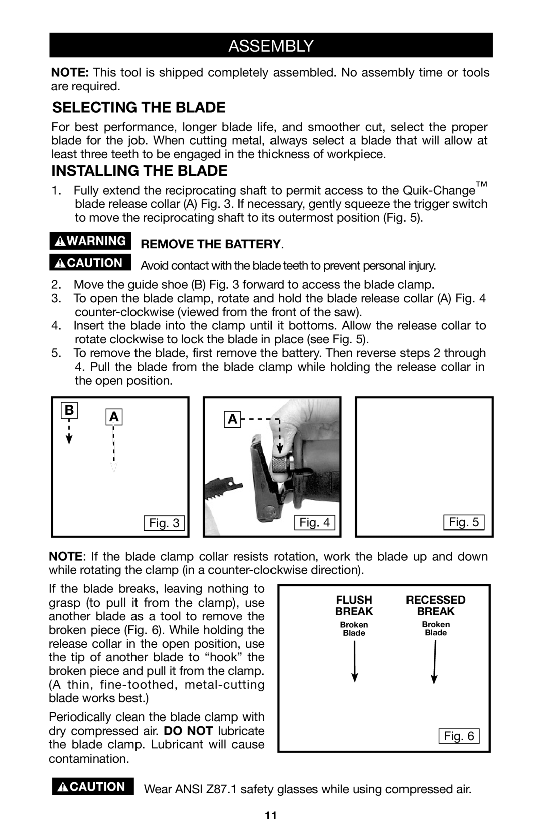 Porter-Cable 837, 8823 instruction manual Selecting the Blade, Installing the Blade 