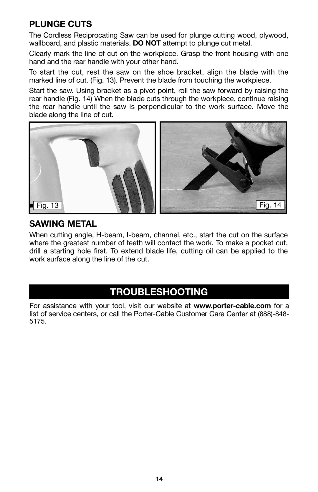 Porter-Cable 8823, 837 instruction manual Troubleshooting, Plunge Cuts, Sawing Metal 