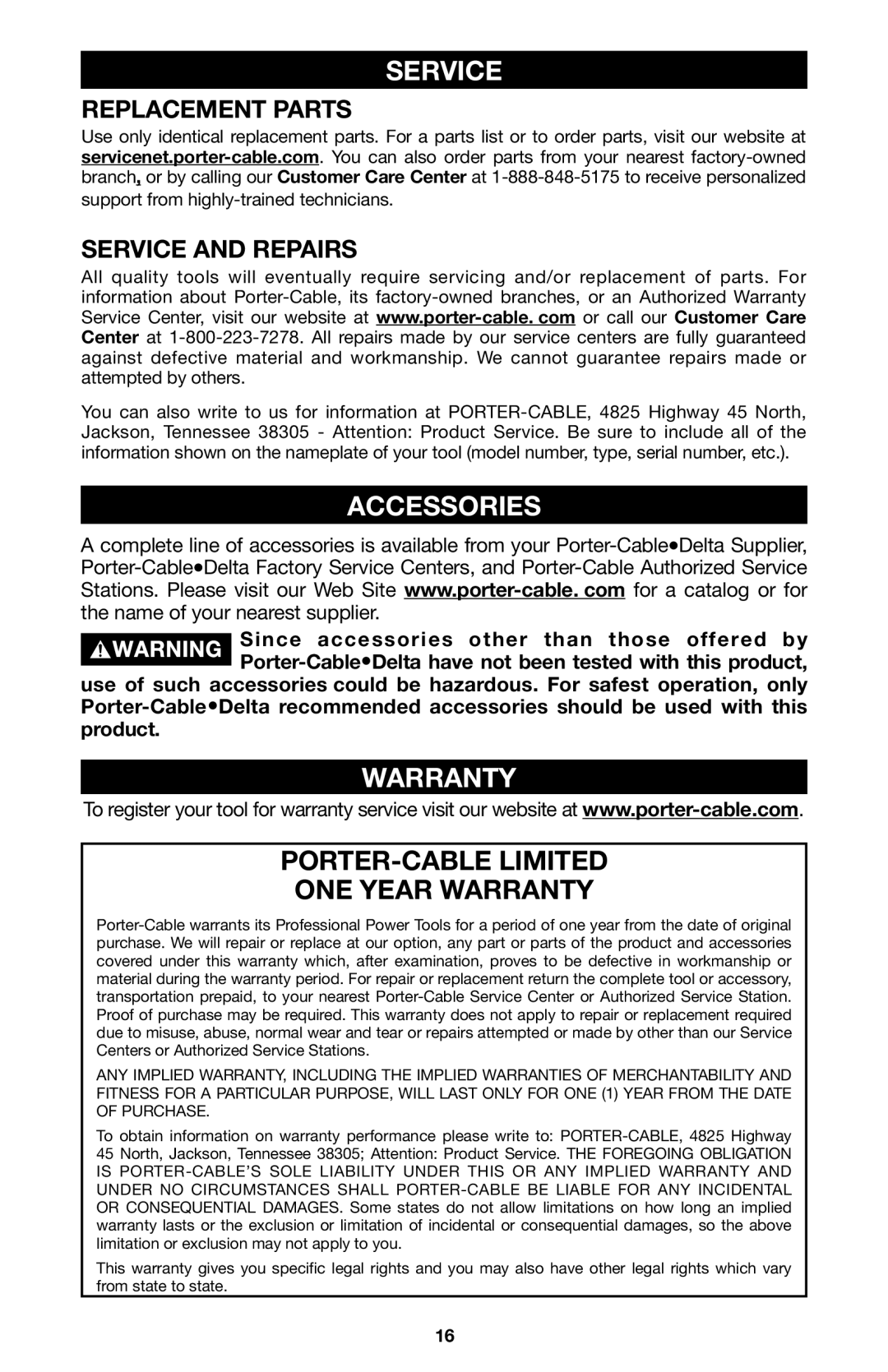 Porter-Cable 8823, 837 instruction manual Accessories, Warranty, Replacement Parts, Service and Repairs 