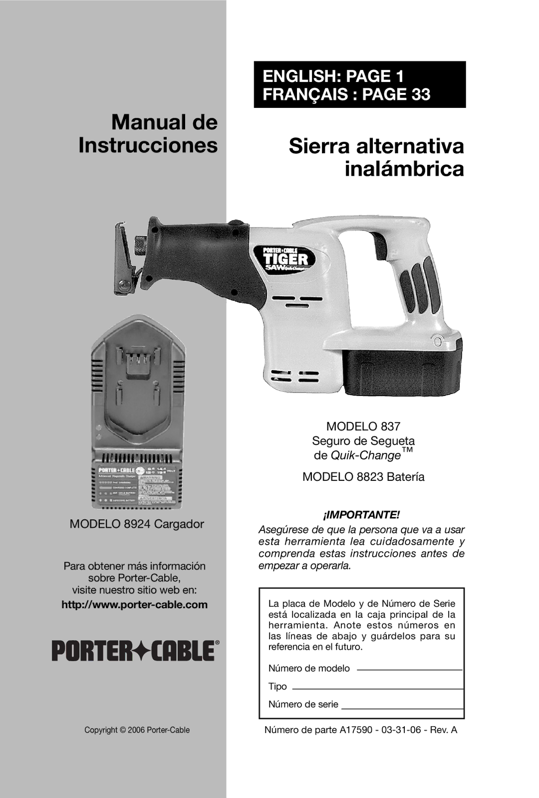 Porter-Cable 837, 8823 instruction manual Manual de Instrucciones Sierra alternativa inalámbrica 