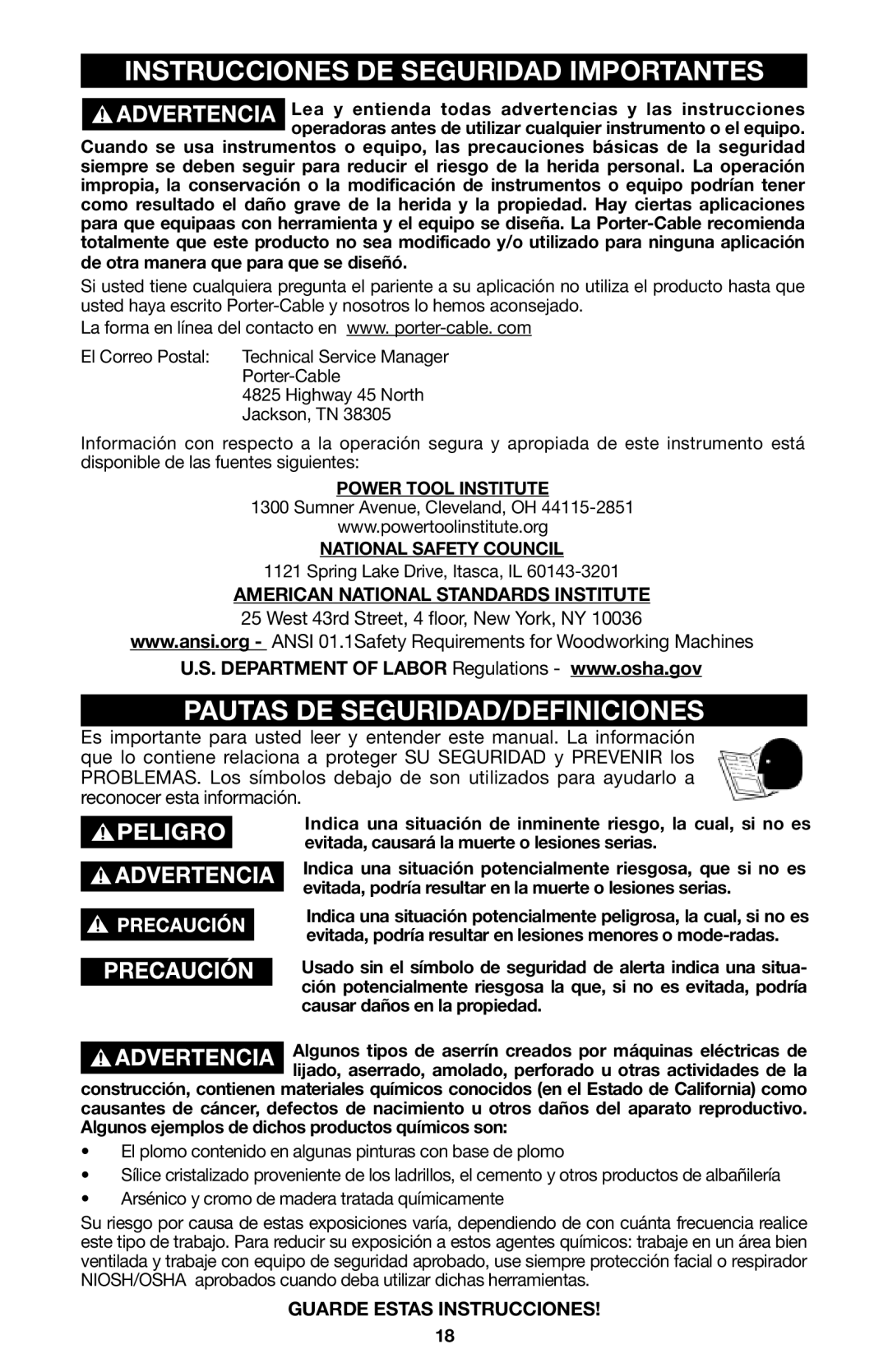 Porter-Cable 8823, 837 instruction manual Instrucciones DE Seguridad Importantes, Pautas DE SEGURIDAD/DEFINICIONES 