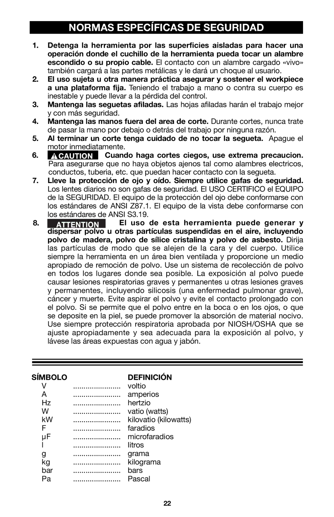 Porter-Cable 8823, 837 instruction manual Normas Específicas DE Seguridad, Símbolo Definición 