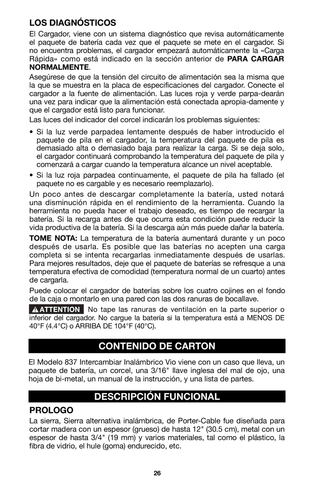 Porter-Cable 8823, 837 instruction manual Contenido DE Carton, Descripción Funcional, LOS Diagnósticos, Prologo 