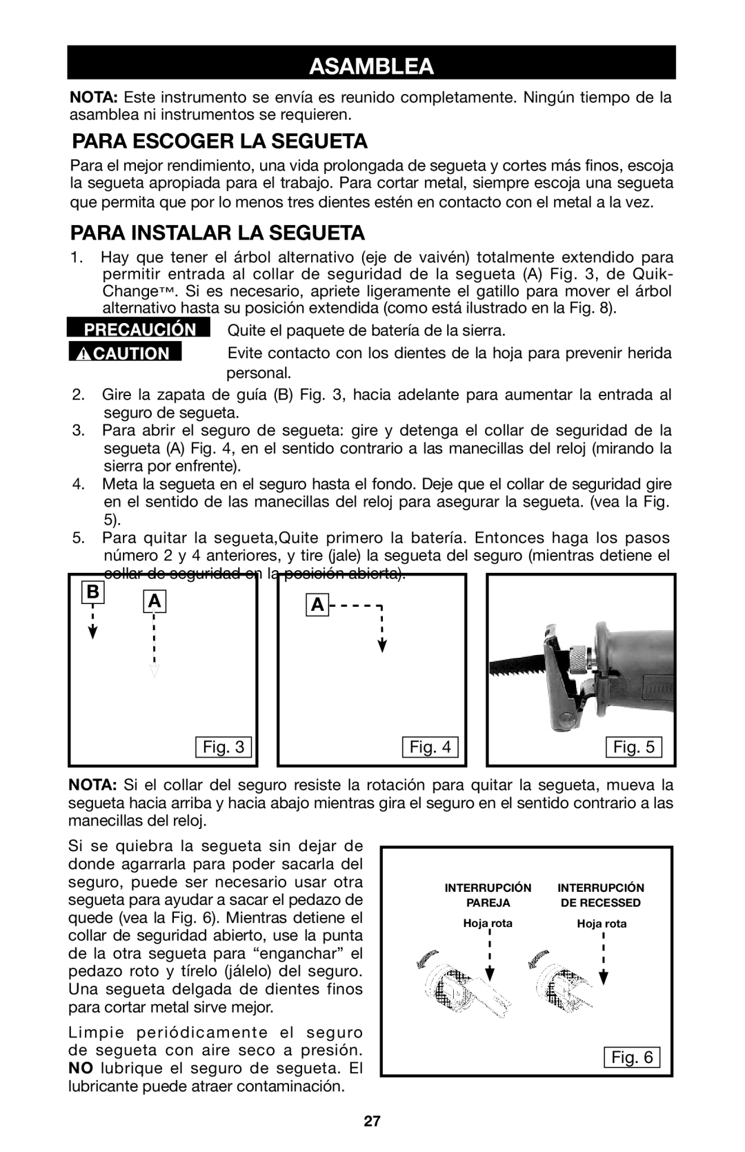 Porter-Cable 837, 8823 instruction manual Asamblea, Para Escoger LA Segueta, Para Instalar LA Segueta 