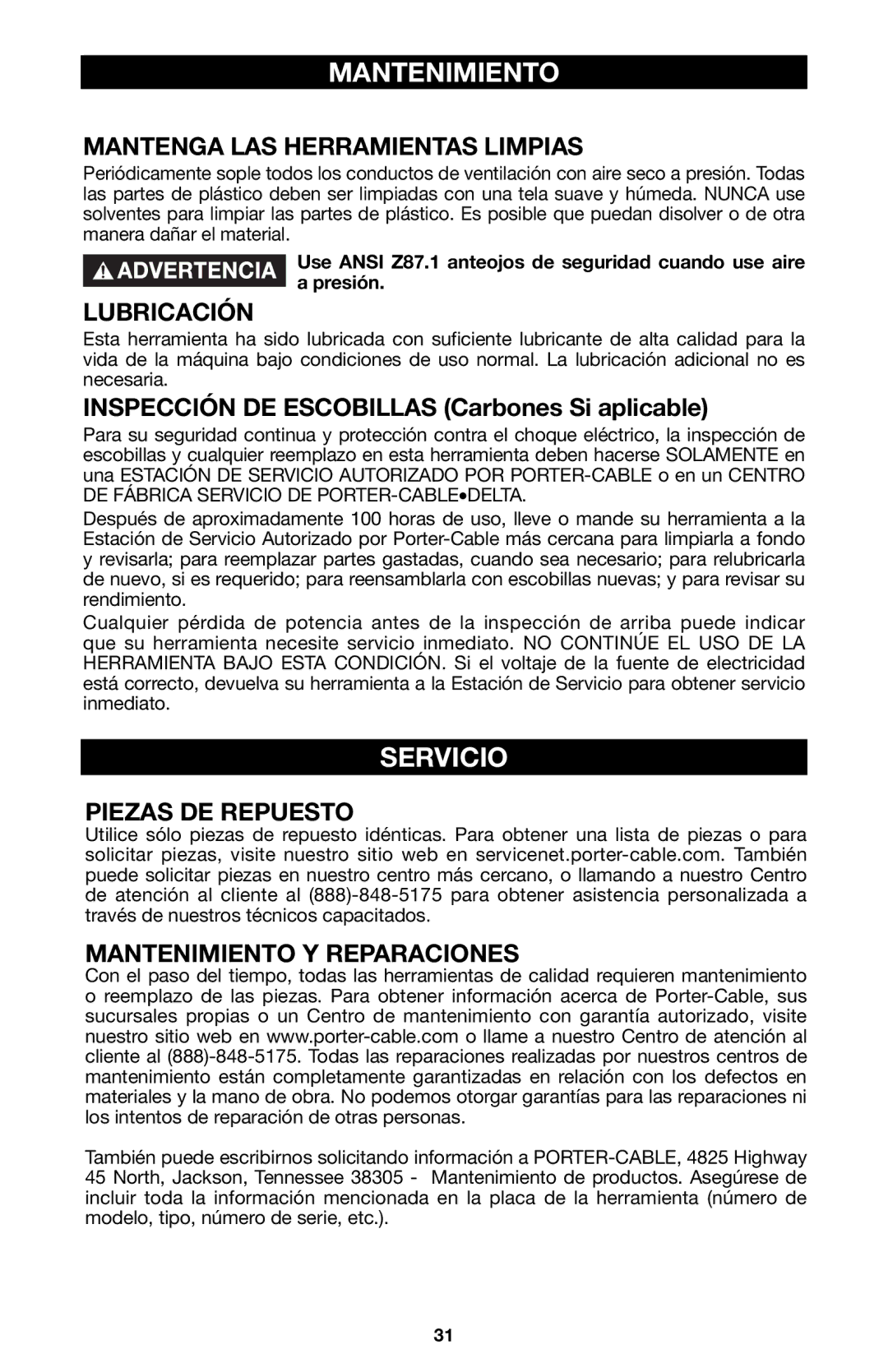 Porter-Cable 837, 8823 instruction manual Mantenimiento, Servicio 