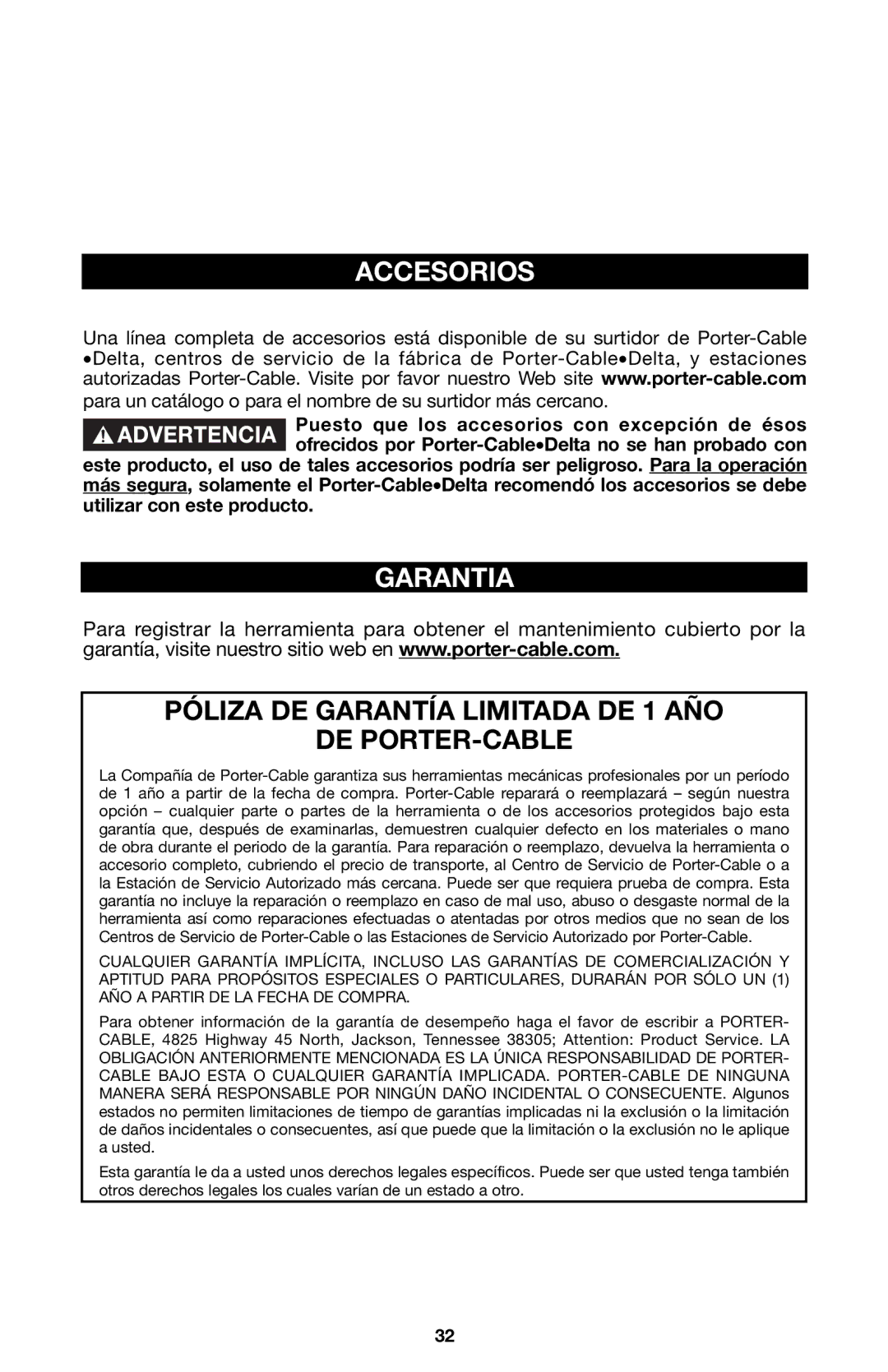 Porter-Cable 8823, 837 instruction manual Accesorios, Garantia 