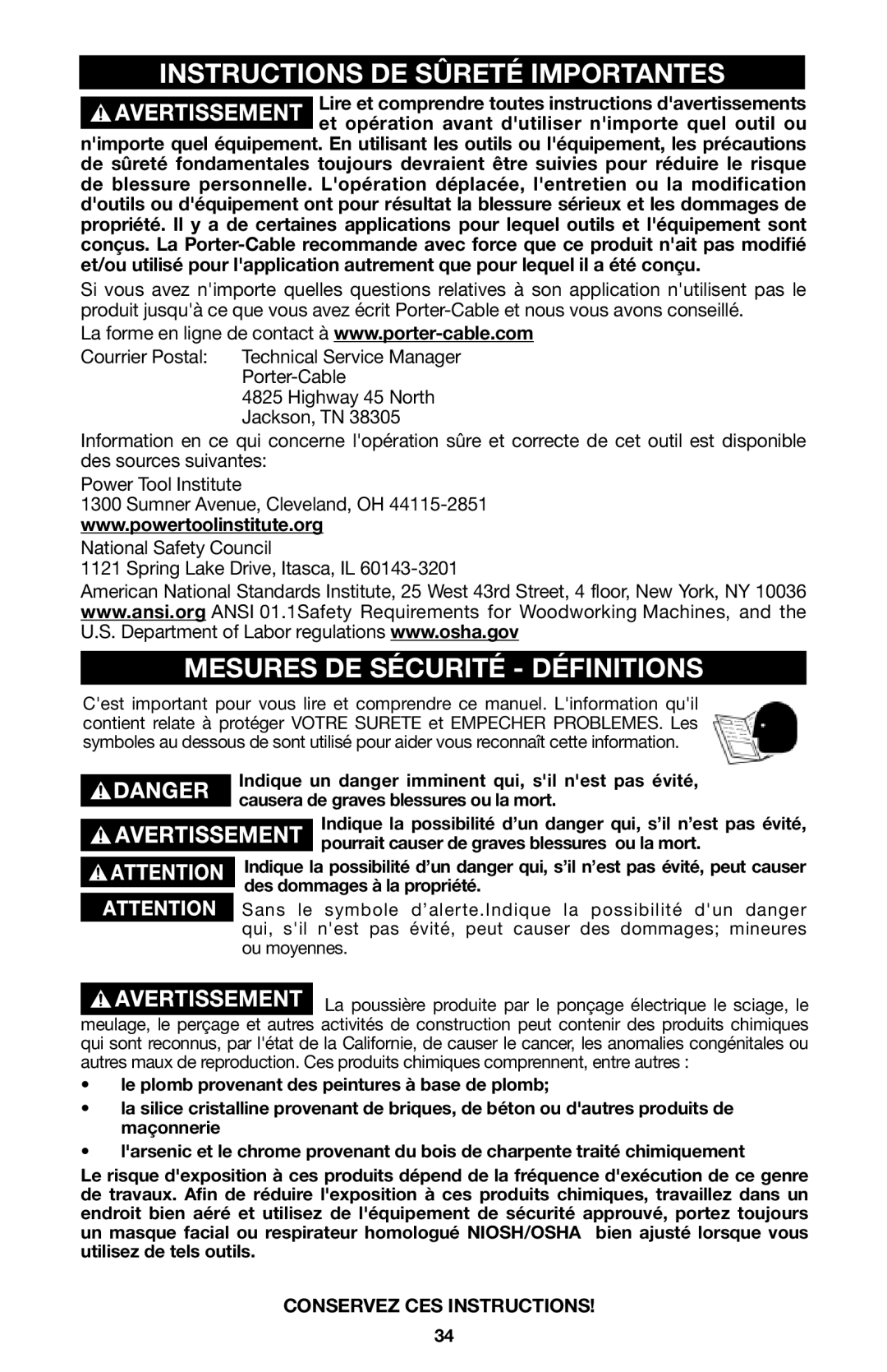 Porter-Cable 8823, 837 instruction manual Instructions DE Sûreté Importantes, Mesures DE Sécurité Définitions 